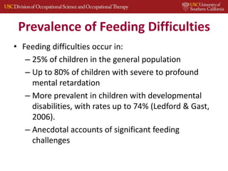 Prevalence of Feeding Difficulties
• Feeding difficulties occur in:
– 25% of children in the general population
– Up to 80% of children with severe to profound
mental retardation
– More prevalent in children with developmental
disabilities, with rates up to 74% (Ledford & Gast,
2006).
– Anecdotal accounts of significant feeding
challenges
 