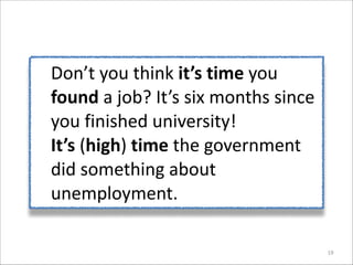 Don’t	
  you	
  think	
  it’s	
  time	
  you	
  
found	
  a	
  job?	
  It’s	
  six	
  months	
  since	
  
you	
  finished	
  university!	
  
It’s	
  (high)	
  time	
  the	
  government	
  
did	
  something	
  about	
  
unemployment.
19

 