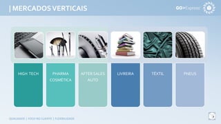 | MERCADOSVERTICAIS
7
QUALIDADE | FOCO NO CLIENTE | FLEXIBILIDADE
HIGH TECH PHARMA
COSMÉTICA
AFTER SALES
AUTO
LIVREIRA TÊXTIL PNEUS
 