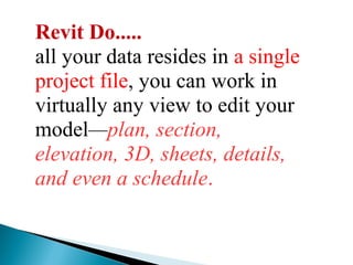 Revit Do.....
all your data resides in a single
project file, you can work in
virtually any view to edit your
model—plan, section,
elevation, 3D, sheets, details,
and even a schedule.
 