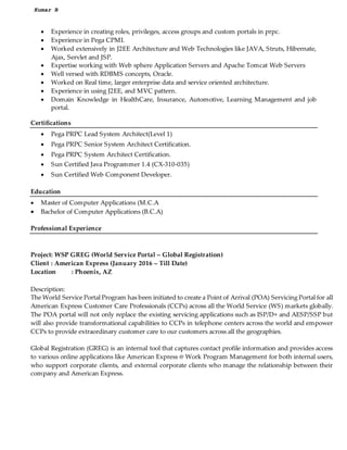 Kumar B
? Experience in creating roles, privileges, access groups and custom portals in prpc.
? Experience in Pega CPMI.
? Worked extensively in J2EE Architecture and Web Technologies like JAVA, Struts, Hibernate,
Ajax, Servlet and JSP.
? Expertise working with Web sphere Application Servers and Apache Tomcat Web Servers
? Well versed with RDBMS concepts, Oracle.
? Worked on Real time, larger enterprise data and service oriented architecture.
? Experience in using J2EE, and MVC pattern.
? Domain Knowledge in HealthCare, Insurance, Automotive, Learning Management and job
portal.
Certifications
? Pega PRPC Lead System Architect(Level 1)
? Pega PRPC Senior System Architect Certification.
? Pega PRPC System Architect Certification.
? Sun Certified Java Programmer 1.4 (CX-310-035)
? Sun Certified Web Component Developer.
Education
? Master of Computer Applications (M.C.A
? Bachelor of Computer Applications (B.C.A)
Professional Experience
Project: WSP GREG (World Service Portal C Global Registration)
Client : American Express (January 2016 C Till Date)
Location : Phoenix, AZ
Description:
The World Service Portal Program has been initiated to create a Point of Arrival (POA) Servicing Portal for all
American Express Customer Care Professionals (CCPs) across all the World Service (WS) markets globally.
The POA portal will not only replace the existing servicing applications such as ISP/D+ and AESP/SSP but
will also provide transformational capabilities to CCPs in telephone centers across the world and empower
CCPs to provide extraordinary customer care to our customers across all the geographies.
Global Registration (GREG) is an internal tool that captures contact profile information and provides access
to various online applications like American Express @ Work Program Management for both internal users,
who support corporate clients, and external corporate clients who manage the relationship between their
company and American Express.
 