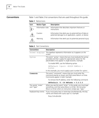 8 ABOUT THIS GUIDE
Conventions Table 1 and Table 2 list conventions that are used throughout this guide.
Table 1 Notice Icons
Icon Notice Type Description
Information note Information that describes important features or
instructions
Caution Information that alerts you to potential loss of data or
potential damage to an application, system, or device
Warning Information that alerts you to potential personal injury
Table 2 Text Conventions
Convention Description
Screen displays This typeface represents information as it appears on the
screen.
Syntax The word “syntax” means that you must evaluate the syntax
provided and then supply the appropriate values for the
placeholders that appear in angle brackets. Example:
To enable RIPIP, use the following syntax:
SETDefault !<port> -RIPIP CONTrol =
Listen
In this example, you must supply a port number for <port>.
Commands The word “command” means that you must enter the
command exactly as shown and then press Return or Enter.
Commands appear in bold. Example:
To remove the IP address, enter the following command:
SETDefault !0 -IP NETaddr = 0.0.0.0
The words “enter”
and “type”
When you see the word “enter” in this guide, you must type
something, and then press Return or Enter. Do not press
Return or Enter when an instruction simply says “type.”
Keyboard key names If you must press two or more keys simultaneously, the key
names are linked with a plus sign (+). Example:
Press Ctrl+Alt+Del
16980ua.bk Page 8 Friday, April 30, 1999 9:03 AM
 