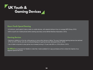 UKYouth &
Gaming Devices
Hours Youth Spend Gaming
• At minimum, youth spend 5 days a week on mobile devices, with sessions being an hour on average (NPD Group, 2012).
• 63% of youth own mobile phones before starting secondary school (British Bankers Association, 2013).
Gaming Devices
• Gaming on tablets is on the rise, while gaming on some other devices is falling. The use of dedicated gaming devices has declined
(77% vs. 81% in 2013), and use of computers/laptops for gaming has also decreased (Ofcom, 2013).
• Use of tablet computers to play games has increased among 5-15 year olds (30% vs. 23%) (Ofcom, 2013).
So What: It is important for Neteller to make Net+ Cards available for in app purchases as this is where the majority of our
segment spends their time.
24
 