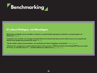 Benchmarking
It’s about Dialogue, not Monologue
Motivating somebody can be unstable, it requires a constant balancing input to maintain a constant pattern of
behaviour. (Kealey, 2014)
Companies can use their current types of people that are involved, that they want to attract more of, to expand and
attract more people and promote the cause. (Ware, 2012)
“Social media is about communication, not marketing. It’s about engaging, not pushing.” (Katona & Sarvary, 2014)
“The focus for companies in social media has to be on the end user. ‘Will they find this interesting? Will they even share
it?’ If not, we shouldn’t share it.” - Jonathan Wichmann, Maersk Line (Katona & Sarvary, 2014)
28
 