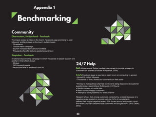 Benchmarking
Community
Obermutten, Switzerland - Facebook
The mayor posted a video on the town’s Facebook page promising to post
followers’ profile pictures on the town’s bulletin board.
• 76 residents
• 1 social media campaign
• Tourism increased from zero to hundreds
• Thousands of profile pictures posted around town
Stoptober - Facebook
A national stop smoking campaign in which thousands of people support one
another in their efforts to quit
• 28 days
• 250 thousand people
• Record low level of smokers in the UK
24/7 Help
Dell utilizes several Twitter handles (usernames) to provide answers to
customers on a variety of issues (Kirkpatrick, 2009).
Intel’s Facebook page is used as an open forum on computing in general.
• Almost 26 million followers
• Thousands of likes, shares and comments on their posts
“The key to making those channels work well is being responsive to customer
questions (e.g. responding a Twitter post in 24 hours).
• Monitor reviews on social sites
• Reach out to unhappy customers
• Attempt to solve problems in a timely manner
Research shows that among customers contacted by a retailer because of a
negative review posted on a social web site, 34% of complainants
deleted their original negative review, 33% turned around and posted a posi-
tive review, and 18% became loyal customers and bought more” (Jin & Oriaku,
2012).
Appendix 1
53
 