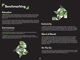 Benchmarking
Education
• Offbeat Brides used a Pinterest Board to post some of their products on the social
network. They also posted general information and tutorials. Pinterest is great for these
types of things because it has a great conversion rate for sending traffic to their site
(Young, 2014)
“72% of customers do online research before making a purchase decision. E-service pro-
viders need to assist customers in this stage by providing quality information for products
with high accuracy in a timely manner. Product information should be comprehensive for
customers shopping online” (Jin & Oriaku, 2012).
Convenience
• The fewer clicks, the better
• Amex & Twitter teamed up to allow people to make discounted purchases on
certain products using hashtags, creating Amex Sync
• 1-800-Flowers launched a fully functioning Facebook store, which allowed
customers to make purchases without having to changing web pages or navigate new
websites (Anderson, Busa, Price & Sims, 2011).
Exclusivity
• In Argentina, Absolut created an exclusive event where, if you wanted to be in-
vited, you had to convince “Sven” through WhatsApp that you were worthy of being
invited. More than 600 contacts added over three days. Over 1,000 videos, messages,
and audio clips were sent to Sven in order to get invited to this party (Ferrao, 2013)
Word of Mouth
• Amex’s hashtag purchases share a person’s purchases with all of their followers
• Florida State University wanted to raise money for donations to celebrate
their anniversary. They focused on social media through their current donor brand
ambassadors. They gave these ambassadors a pre-planned marketing package that
these brand ambassadors would post on their social networks. They used the type of
people that were already involved, that they wanted to attract more of, to promote the
cause (Ware, 2012).
On The Go
• More than half of people on social networks access it through their phones. A theatre
in Arkansas added social media to their Marketing strategy and saw 176% increase in
ticket sales and 129% increase in attendance (Friedman, 2011).
55
 