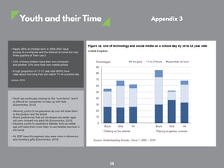 Youth and their Time
• Nearly 85% of children born in 2000-2001 have
access to a computer and the Internet at home but only
three quarters of them use it
• 12% of these children have their own computer
and another 12% have their own mobile phone
• A high proportion of 11-12 year olds (83%) have
rules about how long they can watch TV on a school day
(Joloza, 2012)
• Youth are continually looking for the “cool factor” and it
is difficult for companies to keep up with fads
(Euromonitor, 2010)
• Allowing youths to be perceived as cool will draw them
to the product and the brand
• Brand preferences that are developed are earlier ages
will carry forward into adult life (Euromonitor, 2010)
• Allowing youths to experience Neteller from an earlier
age will make them more likely to use Neteller services in
the future
• As GDP rises this segment also sees more in allowance
and monetary gifts (Euromonitor, 2010)
Appendix 3
58
 