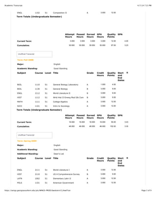 4/7/14 7:21 PMAcademic Transcript
Page 3 of 9https://wings.georgiasouthern.edu/pls/WINGS-PROD/bwskotrn.P_ViewTran
ENGL 1102 S1 Composition II A 3.000 12.00
Term Totals (Undergraduate Semester)
Attempt
Hours
Passed
Hours
Earned
Hours
GPA
Hours
Quality
Points
GPA
Current Term: 3.000 3.000 3.000 3.000 12.00 4.00
Cumulative: 30.000 30.000 30.000 30.000 97.00 3.23
Unofficial Transcript
Term: Fall 2008
Major: English
Academic Standing: Good Standing
Subject Course Level Title Grade Credit
Hours
Quality
Points
Start
and
End
Dates
R
BIOL 1110 S1 General Biology Laboratory A 1.000 4.00
BIOL 1130 S1 General Biology B 3.000 9.00
ENGL 2112 S1 World Literature II B 3.000 9.00
HIST 1112 S1 Wrld Hist II-Emerg Mod Glb Com B 3.000 9.00
MATH 1111 S1 College Algebra A 3.000 12.00
SOCI 1101 S1 Intro to Sociology A 3.000 12.00
Term Totals (Undergraduate Semester)
Attempt
Hours
Passed
Hours
Earned
Hours
GPA
Hours
Quality
Points
GPA
Current Term: 16.000 16.000 16.000 16.000 55.00 3.43
Cumulative: 46.000 46.000 46.000 46.000 152.00 3.30
Unofficial Transcript
Term: Spring 2009
Major: English
Academic Standing: Good Standing
Additional Standing: Dean's List
Subject Course Level Title Grade Credit
Hours
Quality
Points
Start
and
End
Dates
R
ENGL 2111 S1 World Literature I A 3.000 12.00
HIST 2110 S1 US A Comprehensive Survey B 3.000 9.00
LATN 1002 S1 Elementary Latin II A 3.000 12.00
POLS 1101 S1 American Government A 3.000 12.00
 