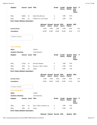 4/7/14 7:21 PMAcademic Transcript
Page 8 of 9https://wings.georgiasouthern.edu/pls/WINGS-PROD/bwskotrn.P_ViewTran
Subject Course Level Title Grade Credit
Hours
Quality
Points
Start
and
End
Dates
R
ENGL 5090G S2 Nobel Prize Winners A 3.000 12.00
ENGL 7639 S2 Children's Lit. and Theory A 3.000 12.00
Term Totals (Masters Semester)
Attempt
Hours
Passed
Hours
Earned
Hours
GPA
Hours
Quality
Points
GPA
Current Term: 6.000 6.000 6.000 6.000 24.00 4.00
Cumulative: 24.000 24.000 24.000 24.000 90.00 3.75
Unofficial Transcript
Term: Fall 2012
Major: English
Academic Standing: Good Standing
Subject Course Level Title Grade Credit
Hours
Quality
Points
Start
and
End
Dates
R
ENGL 5233G S2 American Realism A 3.000 12.00
ENGL 7638 S2 Seminar in 20th C Poetry A 3.000 12.00
ENGL 7999 S2 Thesis S 3.000 0.00
Term Totals (Masters Semester)
Attempt
Hours
Passed
Hours
Earned
Hours
GPA
Hours
Quality
Points
GPA
Current Term: 9.000 6.000 9.000 6.000 24.00 4.00
Cumulative: 33.000 30.000 33.000 30.000 114.00 3.80
Unofficial Transcript
Term: Spring 2013
Major: English
Academic Standing: Good Standing
Subject Course Level Title Grade Credit
Hours
Quality
Points
Start
and
End
Dates
R
ENGL 7637 S2 Sem in 20th-C American Lit A 3.000 12.00
ENGL 7999 S2 Thesis S 6.000 0.00
Term Totals (Masters Semester)
Attempt Passed Earned GPA Quality GPA
 