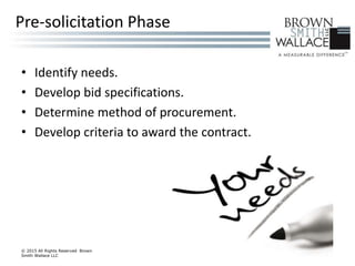• Identify needs.
• Develop bid specifications.
• Determine method of procurement.
• Develop criteria to award the contract.
© 2015 All Rights Reserved Brown
Smith Wallace LLC 8
Pre-solicitation Phase
 