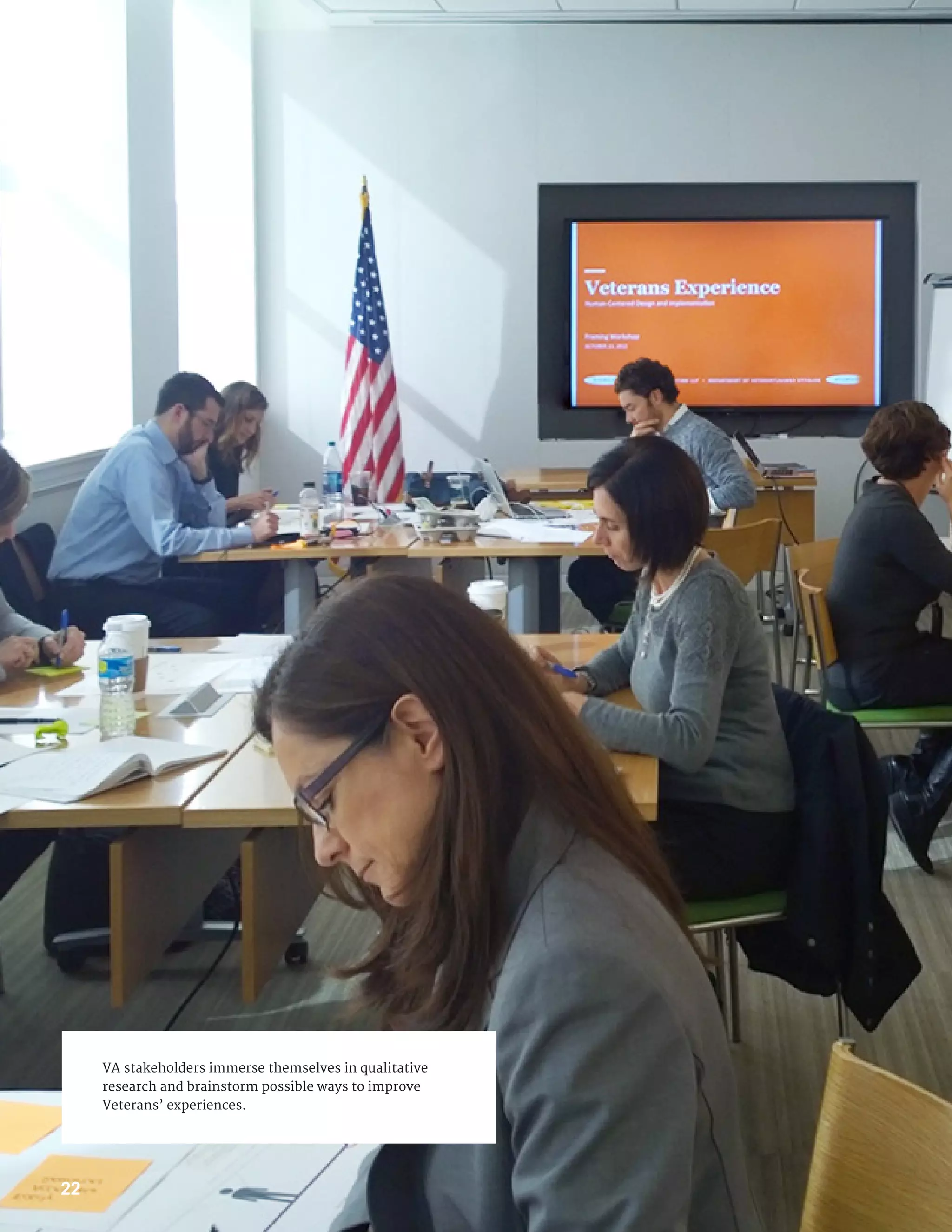 VA stakeholders immerse themselves in qualitative
research and brainstorm possible ways to improve
Veterans’ experiences.
22
 