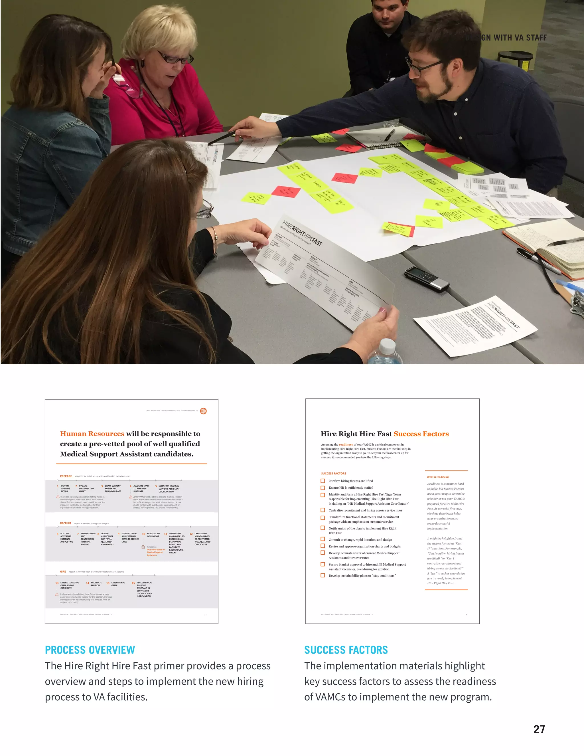 27
Hire Right Hire Fast Success Factors
Readiness is sometimes hard
to judge, but Success Factors
are a great way to determine
whether or not your VAMC is
prepared for Hire Right Hire
Fast. As a crucial first step,
checking these boxes helps
your organization move
toward successful
implementation.
It might be helpful to frame
the success factors as “Can
I?” questions. For example,
“Can I confirm hiring freezes
are lifted?” or “Can I
centralize recruitment and
hiring across service lines?”
A “yes” to each is a good sign
you’re ready to implement
Hire Right Hire Fast.
3
Confirm hiring freezes are lifted
Ensure HR is sufficiently staffed
Identify and form a Hire Right Hire Fast Tiger Team
responsible for implementing Hire Right Hire Fast,
including an “HR Medical Support Assistant Coordinator”
Centralize recruitment and hiring across service lines
Standardize functional statements and recruitment
package with an emphasis on customer service
Notify union of the plan to implement Hire Right
Hire Fast
Commit to change, rapid iteration, and design
Revise and approve organization charts and budgets
Develop accurate roster of current Medical Support
Assistants and turnover rates
Secure blanket approval to hire and fill Medical Support
Assistant vacancies, over-hiring for attrition
Develop sustainability plans or “stay conditions”
What is readiness?
SUCCESS FACTORS
HIRE RIGHT HIRE FAST IMPLEMENTATION PRIMER VERSION 1.0
Assessing the readiness of your VAMC is a critical component in
implementing Hire Right Hire Fast. Success Factors are the first step in
getting the organization ready to go. To set your medical center up for
success, it is recommended you take the following steps:
DESIGN WITH VA STAFF
PROCESS OVERVIEW
The Hire Right Hire Fast primer provides a process
overview and steps to implement the new hiring
process to VA facilities.
SUCCESS FACTORS
The implementation materials highlight
key success factors to assess the readiness
of VAMCs to implement the new program.
Human Resources will be responsible to
create a pre-vetted pool of well qualified
Medical Support Assistant candidates.
PREPARE
RECRUIT repeat as needed throughout the year
HIRE
required for initial set-up with recalibration every two years
repeat as needed upon a Medical Support Assistant vacancy
HIRE RIGHT HIRE FAST RESPONSIBILITIES: HUMAN RESOURCES
11
Reference:
Interview Guide for
Medical Support
Assistants
IDENTIFY
STAFFING
RATIOS
Some VAMCs will be able to allocate multiple HR staff
to the effort while others will have limited resources –
this is OK. As long as the service line managers know
who to contact with questions as a central point-of-
contact, Hire Right Hire Fast should run smoothly.
There are currently no national staffing ratios for
Medical Support Assistants. HR at local VAMCs
should feel empowered to work with service line
managers to identify staffing ratios for their
organizations and then hire against them.
1 UPDATE
ORGANIZATION
CHART
2 DRAFT CURRENT
ROSTER AND
TURNOVER RATE
3 ALLOCATE STAFF
TO HIRE RIGHT
HIRE FAST
4 SELECT HR MEDICAL
SUPPORT ASSISTANT
COORDINATOR
5
POST AND
ADVERTISE
EXTERNAL
JOB POSTING
6 MANAGE OPEN
AND
CONTINUOUS
INTERNAL
POSTING
7 SCREEN
APPLICANTS
FOR “WELL
QUALIFIED”
CANDIDATES
8 ISSUE INTERNAL
AND EXTERNAL
CERTS TO SERVICE
LINES
9 HOLD GROUP
INTERVIEWS
10 SUBMIT TOP
CANDIDATES TO
PROFESSIONAL
STANDARDS
BOARD AND
FACILITATE
BACKGROUND
CHECKS
11 CREATE AND
MAINTAIN POOL
OR PRE-VETTED
WELL QUALIFIED
CANDIDATES
12
If all pre-vetted candidates have found jobs or are no
longer interested while waiting for the position, increase
the frequency of batch recruiting (i.e. increase from 2x
per year to 3x or 4x).
EXTEND TENTATIVE
OFFER TO TOP
CANDIDATE
13 FACILITATE
PHYSICAL
14 EXTEND FINAL
OFFER
15 PLACE MEDICAL
SUPPORT
ASSISTANT IN
SERVICE LINE
UPON VACANCY
NOTIFICATION
15
HIRE RIGHT HIRE FAST IMPLEMENTATION PRIMER VERSION 1.0
 