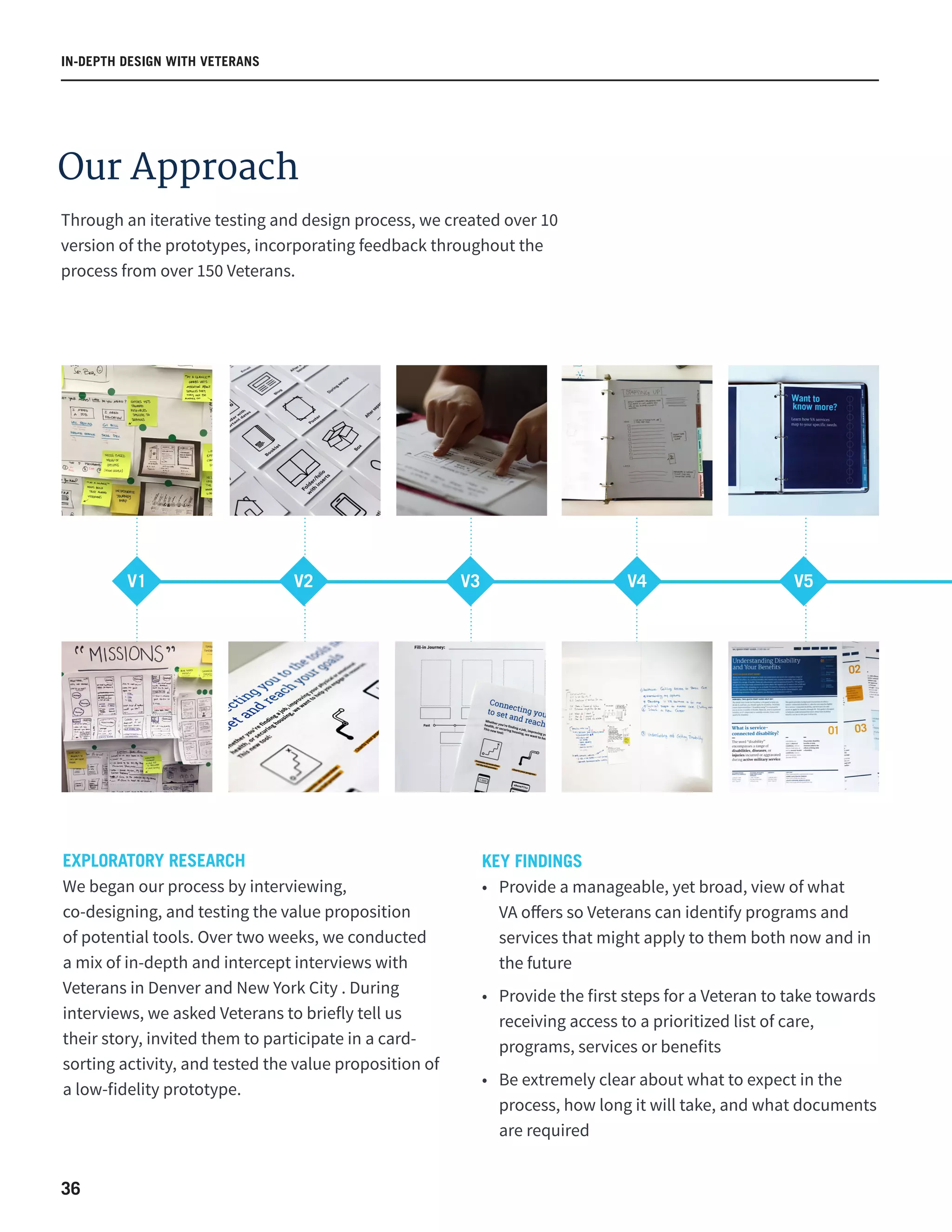36
IN-DEPTH DESIGN WITH VETERANS
EXPLORATORY RESEARCH
We began our process by interviewing,
co-designing, and testing the value proposition
of potential tools. Over two weeks, we conducted
a mix of in-depth and intercept interviews with
Veterans in Denver and New York City . During
interviews, we asked Veterans to briefly tell us
their story, invited them to participate in a card-
sorting activity, and tested the value proposition of
a low-fidelity prototype.
KEY FINDINGS
•	 Provide a manageable, yet broad, view of what
VA offers so Veterans can identify programs and
services that might apply to them both now and in
the future
•	 Provide the first steps for a Veteran to take towards
receiving access to a prioritized list of care,
programs, services or benefits
•	 Be extremely clear about what to expect in the
process, how long it will take, and what documents
are required
Our Approach
Through an iterative testing and design process, we created over 10
version of the prototypes, incorporating feedback throughout the
process from over 150 Veterans.
V1 V2 V3 V4 V5
 