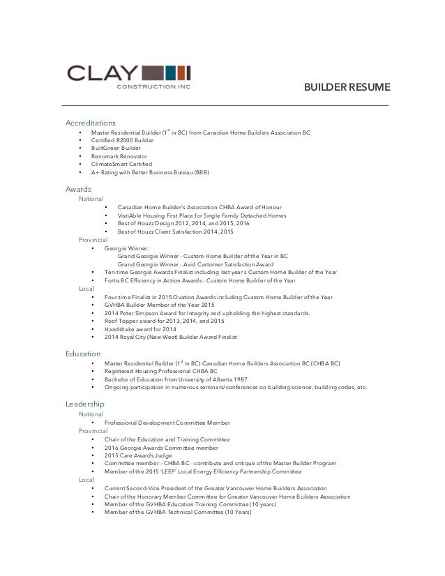 clay construction builder resume