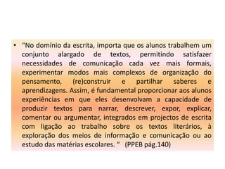 Resultados esperados ( 3º ciclo)• Escrever para responder a necessidades específicas de comunicação em diferentes    contextos e como instrumento de apropriação e partilha do conhecimento.