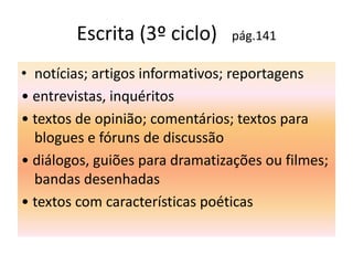 Resultados esperados (3º ciclo)Escrever com autonomia e fluência diferentes tipos de texto adequados ao contexto, às finalidades, aos destinatários e aos suportes da comunicação,adoptando as convenções próprias do género seleccionado.