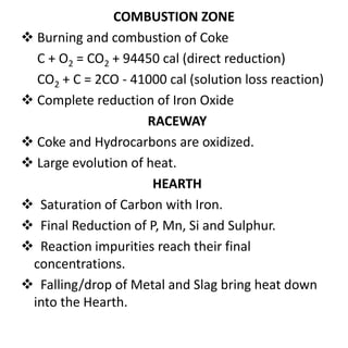 COMBUSTION ZONE
 Burning and combustion of Coke
C + O2 = CO2 + 94450 cal (direct reduction)
CO2 + C = 2CO - 41000 cal (solution loss reaction)
 Complete reduction of Iron Oxide
RACEWAY
 Coke and Hydrocarbons are oxidized.
 Large evolution of heat.
HEARTH
 Saturation of Carbon with Iron.
 Final Reduction of P, Mn, Si and Sulphur.
 Reaction impurities reach their final
concentrations.
 Falling/drop of Metal and Slag bring heat down
into the Hearth.
 