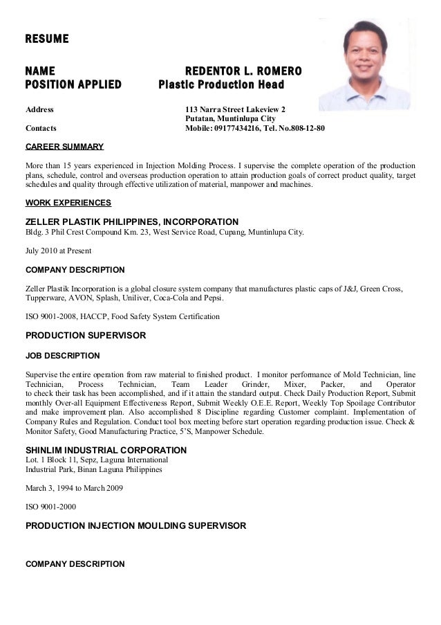 Plastic injection machine operator resume