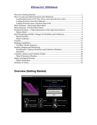 RSGroup LLC RSDeltabook
Overview (Getting Started)................................................................................................. 1
How to Load your Option Positions Into Deltabook .......................................................... 2
Load Position from a CSV File: (from a non network drive only)................................. 3
Loading Positions from the Clipboard............................................................................ 4
Loading Positions from a Position Input Grid................................................................ 4
Menu Structure (Horizontal Menu Bars).......................................................................... 5
Menu Structure (Vertical Menu Bars) ............................................................................... 6
Simulate Positions ( Adjust parameters in the input boxes below) .................................. 7
Option Detail................................................................................................................... 8
Risk Monitoring and P&L Changes for Portfolios and Underlyers.................................... 9
Shock Portfolio ............................................................................................................... 9
Shock Underlyer ........................................................................................................... 10
VolaTkr............................................................................................................................. 11
Hedging Capabilities......................................................................................................... 12
AcctWin (Trade Analysis)........................................................................................... 12
Intraday Hedging and Monitoring .................................................................................... 16
PremWindow (Options Portfolios and Underliers Window)....................................... 16
ShockWin...................................................................................................................... 18
Volatility Analysis and Volatility Studies ........................................................................ 20
What If Scenarios Window........................................................................................... 22
Option and Spread Pricing................................................................................................ 23
Option Worksheet......................................................................................................... 23
Glossary of Terms............................................................................................................. 24
Overview (Getting Started)
 