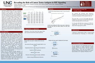 Revealing the Role of Cancer Testes Antigens in HIF Signaling
Charles Okechukwu1, Joshua Wooten2, Kathleen Corcoran2, PhD., Rebecca Sinnott2, Patrick Taus2, Kimberly Maxfield2,
Angelique Whitehurst, PhD 2.
1Partners program, Departments of Chemistry and Pharmaceutical science, North Carolina Central University, Durham, NC; 2Department of Pharmacology, University of North Carolina at
Chapel Hill, NC.
 Abstract
The hypoxia –inducible factor-1 (HIF-1α), is a transcription
factor that responds to changes in oxygen homeostasis1.
Furthermore, the HIF pathway has been observed to
contribute to tumor aggressiveness. The overexpression of
HIF proteins has been observed to increase malignancy in
tumor cells. Identifying the mechanisms that regulate HIF is
essential to developing therapeutic strategies to inhibit its
function. Here, we asked whether any members of the
cancer-testes (CT)-antigen (CTA) family support HIF
signaling. We combined an siRNA mediated loss of function
approach with a luciferase reporter fused to a HIF Response
Element (HRE) to determine consequences on HIF signaling
following individual depletion of 120 CTAs. This screen
revealed a subset of CT-antigens play a role in Hif1α protein
binding to HRE. It was then shown that depletion of this
subset of CTAs; MAGEA3/6 and IGF2BP3, lead to
decreased Hif1α protein by western blot. These findings
suggest that CTAs may support stress signaling, particularly
under hypoxic conditions, and further demonstrate that CTAs
may be playing functional roles in supporting tumor cell
survival.
 Introduction
 References
Hypoxia inducible factor-1(HIF-1) is a transcription
factor that responds to changes in available oxygen. This
is especially observed with an oxygen decrease. They are
heterodimeric proteins that are made up of HIF-1α and
HIF-1β subunits. We were looking at the HIF-1α subunit
in this project. In a normal cell, HIF-1α is constitutively
degraded. In tumor cells it has been observed that the
overexpression of HIF-1α leads to very aggressive
tumors. Also, when HIF-1α is knocked down, the
growth of tumor growth slows down. HIF-1α has been
shown to be overexpressed in many tumor cells and thus
the Hif pathway is of importance in anticancer
therapeutics. Understanding the tumor-specific
mechanisms that regulate the HIF pathway is essential
for revealing new molecular targets for inhibiting tumor
growth by disrupting this pathway.
Using a loss of functions screening approach, we
identified modulators of the HIF pathway. The focus was
on a set of genes, CT-antigens, that are selectively
expressed in tumors and testes. To measure HIF
dependent transcription, a luciferase gene, fused to a HIF
Response Element (HRE) was used. Genes that led to
changes in the luciferase signal when knocked down
using siRNAs were deemed “hits” in this assay.
1.Semenza G. Hydroxylation of HIF-1: Oxygen sensing
at the molecular level. Physiology. 19: 176-182, 2004.
 Experimental Approach
 Results
The hits were chosen based on their Z scores from the
screen.
 Hypothesis or Questions
Determine if hits from screen that impact Hif1α
gene expression alter Hif1α protein expression.
 Conclusions & Areas for
Further Study
We conclude that knocking down MAGEA3,
IGF2BP3, and MAGEA6 were shown by western blot
to decrease the amount of Hif1α present in the cell.
 Acknowledgements
CO was supported by the PARTNERS Research and
Training Program in Health Disparities, funded
through grant 5-U54-CA156733 from the National
Cancer Institute. This work was funded by an
Innovative Research Grant from Stand Up to Cancer.
Special thanks to Dr. Angelique Whitehurst, Ph.D.
Western blot was used to validate the hits from the
screen.
Harvested cell lysates using 2X sample buffer to lyse
the cells.
Separated proteins by size using gel electrophoresis.
Transfer to PVDF membrane.
Blocked with 5% milk.
Detection with primary and secondary antibodies.
Analysis using chemilumescent detection.
Western blot was used to validate the hits chosen:
Hif1α
MAGEA3
GAGEC1
siRNA: α HIF1α
α GAPDH
FIGURE 3.
Knockdown of MAGEA3 lowered HIF1α protein
expression in H1299 cells as seen in the screen.
GAGEC1 did not match the phenotype observed in
the screen.
A time curve blotting for HIF1α was used to determine
the best time add the DMOG before the cells were
harvested.
0hours
0.5hours
1hour
3hours
16hours
24hours
DMOG Treatment:
H1299 Cell Line
α Hif1α
α GAPDH
H1299 Cell LineFIGURE 2.
DMOG dose curve for H1299 cells.
MM
Hif1α
MAGEA6
IGF2BP3
siRNA:
α Hif1α
α GAPDH
FIGURE 4.
MAGEA6 and IGF2BP3 showed similar phenotypes
by western blot to what was seen in the screen.
H1299 Cell Line
The next step is to see if the genes that were
validated by western blot will repeat their phenotypes
with the individual siRNAs from the pool.
For the genes that did show a decrease in Hif1α by
western blot, we will see if their knockdown also
affects Hif1α target genes by qPCR.
5uM siRNA
Intermediate plate
10
ul/well
10 ul/well
RPMI/duofect
80ul/well
cells
30 ul/well
175 ul RPMI
+ 100ng
HRE + 2ng
pRL/well
1
2
3 4 5
6
Assay 1
Assay 2
Assay 3
Assay 4
Assay 5
Assay 6
Assay 1
Assay 2
Assay 3
Assay 4
Assay 5
Assay 6
Assay 1
Assay 2
Assay 3
Assay 4
Assay 5
Assay 6
Assay 1
T
Assay 2
T
Assay 3
T
Assay 4
UT
Assay 5
UT
Assay 6
UT
7
20 ul/well
Recombinatant
Firefly
Luciferase
Assay 1
T
Assay 2
T
Assay 3
T
Assay 4
UT
Assay 5
UT
Assay 6
UT
8
20 ul/well
Renilla
Luciferase
Assay 1
T
Assay 2
T
Assay 3
T
Assay 4
UT
Assay 5
UT
Assay 6
UT
40 ul/well
DMSO (UT)
or DMOG (T)
We determined the induction of Hif-1 using measurements obtained from luminescence of firefly and renilla luciferase.
FIGURE 1. Schematic of High-throughput screen using siRNA and luciferase reporters.
 