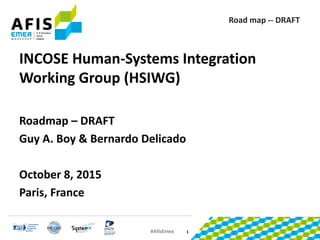 #AfisEmea
Road map -- DRAFT
INCOSE Human-Systems Integration
Working Group (HSIWG)
Roadmap – DRAFT
Guy A. Boy & Bernardo Delicado
October 8, 2015
Paris, France
1
 