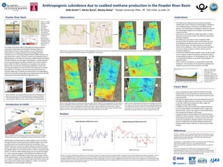 Introduction to InSAR
Anthropogenic subsidence due to coalbed methane production in the Powder River Basin
Kelly Devlin1,2, Adrian Borsa2, Wesley Neely2 1Temple University, Phila., PA 2SIO UCSD, La Jolla, CA
This work was funded with a 2016 Scripps Undergraduate Research
Fellowship (SURF) REU site Grant at the Scripps Institution of Oceanography
(NSF-OCE 1359222). Satellite date was obtained through ESA, JAXA, and ASF.
For further information contact kellydevlin@temple.edu
Powder River Basin
Interferometric synthetic aperture radar (InSAR) is a form of remote
sensing that relies on Earth observation satellites (EOS). In this study
we utilized data from the ALOS and Sentinel-1A satellites. These
satellites send out a burst of microwave radiation towards the Earth’s
surface. The waves are reflected back with a different phase towards
the satellite, which in turn uses the waves to create a composite of the
surface. An EOS can make multiple passes over the same area (Figure
4). I used a computer program called GMTSAR and differenced two
images to create an interferogram, which shows the change in phase
of the reflected waves. I then umwrapped the interferogram and used
it to create an image that shows surface deformation that corrects the
color scale used to indicate phase difference. Finally, I corrected the
interferograms to show change in elevation.
Figure 5: Diagram of EOS using repeat passes for InSAR. The process illustrated
describes the process prior to unwrapping. Courtesy of Geoscience Australia
The Powder River Basin (PRB) is a geological formation located in
northeastern Wyoming and southeastern Montana (Figure 2).
Historically it has been a major producer of coal in Wyoming.
Improvements in energy production and technology led many
companies to turn to pumping coalbed methane (CBM) starting in the
early twenty-first century. This led to a boom and subsequent bust in
CBM production in the PRB. The extraction of CBM requires the drilling
of wells thousands of meters deep. Groundwater is usually extracted
from these wells before the CBM is brought to the surface (Figures 1
and 3). While the CBM is channeled to a compressor, the common
practice was to release the untreated groundwater as runoff. This
untreated groundwater has been found to have high levels of salinity
and sodicity [1]. This poses a threat to the local environment and
economy. High levels of salinity and sodicity leads to soil degradation
and shock to local flora. Many Wyoming residents that rely on the PRB
as grazing land have been affected by degradation [2].
Figures 1-3: (left)
Diagram of CBM
well with
groundwater
extraction.
(above) Map of
PRB in Wyoming
and Montana.
(below) Timeline
of CBM well.
Courtesy of
Wyoming State
Geological Survey,
ClimateWest, and
Black Diamond
Energy, Inc.
Figures 4a and 4b : (a) A usually dry field is covered with untreated ground
water from nearby well. This land is typically used for grazing. (b) Release
of untreated groundwater from well. Large amounts were released to the
surface during the CBM boom and bust. Both courtesy of Dustin Bleizeffer
Observations
Analysis
Implications
References
Figures 6a-d: (a) map of Wyoming with area of interest highlighted in black box (b) zoomed in area with outlines of ALOS and Sentinel interferograms (c) ALOS interferogram scene overlapping
Sentinel interferogram (d) Sentinel interferogram overlapping ALOS interferogram
ALOS
Sentinel
ALOS
Sentinel Sentinel
ALOS
A
A’
B
B’
Figures 7 and 8: (left) ALOS scene spanning 231 days from 2007-10-04 to 2008-05-21 with appropriate color bar. Area of
interest is highlighted in black box and shown in Figure. (right) Sentinel scene spanning 361 days from 2015-06-11 and
2016-06-05. Area of interest is highlighted in black box and shown in Figure. Subsidence is denoted with a negative
change in elevation, which appears blue on the color scale. Uplift is denoted with a positive change in elevation, which
appears red on the color scale. Note that the scales for ALOS and Sentinel are not the same.
Figures 9 and 10: (top) Zoomed in ALOS scene with profile track from A
to A’ shown in red. This scene covers the time of peak CBM production
in the PRB. (below) Zoomed in Sentinel scene with profile track from B
to B’ shown in red. The time in the scene occurred after most CBM
production had ceased. Profiles are shown in Figures 10a and 10b.
• The InSAR scenes obtained from the ALOS and Sentinel
satellite data provide evidence of anthropogenic subsidence
due to CBM pumping in the PRB over two different time
periods. The isolated areas of subsidence denoted in blue on
the interferograms appear do not appear to be caused by
natural processes.
• Given that it can be difficult to detect disruptions in natural
processes due to human activity. This difficulty makes these
findings compelling.
• The ALOS scene occurred at a time of significant CBM
pumping, while the Sentinel scene occurred after the bust.
Surprisingly, the Sentinel showed much more subsidence
than the ALOS scene. This raises questions on the exact
nature of the subsidence. There is also increased fracking in
the area as shown in Figure 12, which could account for
increased subsidence.
• Using known CBM well depth available online, we will be able
to run computer models to attempt to estimate the volume
of groundwater pumped in an interferogram scene. The PRB
is a historically arid place, so any waste of groundwater is a
significant event
• There is little to no literature on using InSAR to study CBM
production. This technique has the potential to provide new
insights into past and current processes in the PRB.
Figures 11a and 11b: (a) Elevation profile across red line shown in Figure 8. The graph shows the calculated change in elevation from the ALOS interferogram without the average. The area
of interest highlighted with the black box shows an area of subsidence overlap between ALOS and Sentinel scenes. (b) Elevation profile across red line in Figure 9. The graph shows the
calculated change in elevation from the Sentinel interferogram without the average. The area of interest highlighted with the black box shows an area of subsidence overlap between ALOS
and Sentinel scenes Even though the ALOS scene covers a time of greater CBM production, the subsidence shown in the Sentinel scene is much more significant. This is surprising given that
almost all CBM production has ceased in the CBM.
Future Work
• I plan to expand the scope of both the ALOS and Sentinel
satellite data. The next step will be to examine more paths
covered by ALOS. This study currently only includes one path
covered by ALOS.
• I will also use Sentinel data to track the expected recovery of
the PRB from CBM production. Fracking is a current practice
in the PRB. InSAR has the potential to offer insight into
fracking as well as CBM pumping.
• In addition to ALOS, the European Space Agency (ESA) also
has the Envisat satellite. This satellite covers a similar time
period as ALOS. I plan to use Envisat to create InSAR scenes
and compare the findings to ALOS scenes.
• I will also be able to use the InSAR scenes from the various
satellites to create computer models to estimate the volume
of groundwater pumped over a certain period of time. This
can also be compared to available statistics concerning the
amount of CBM produced and groundwater pumped. My
findings could be used a reference for the accuracy of these
statistics.
[1] Frost C., Mailloux J. 2011. Establishing appropriate water quality numeric
standards under the Clean Water Act: Lessons from a case study of coalbed
methane produced water discharge to the Powder River, Wyoming and
Montana. Wyo. Law Rev. 11(1):1-23
[2] Bleizeffer, D. Coalbed Methane: Boom, Bust and Hard Lessons. Wyoming
State Historical Society. 2016 Jul 13.; [accessed 2016 Aug 19].
http://www.wyohistory.org/essays/coalbed-methane-boom-bust-and-hard-
lessons.
Figure 12: Graph of oil
production in the PRB
from 2000-2014.
Production is divided by
geographic regions. This is
a possible explanation for
increased subsidence seen
in the Sentinel scene.
Courtesy of EIA
-3
-2
-1
0
1
2
3
0 10000 20000 30000 40000 50000 60000 70000 80000 90000
Changeinelevation(cm)
Distance from B (m)
Sentinel Elevation Profile from B to B'
-3
-2
-1
0
1
2
3
0 10000 20000 30000 40000 50000 60000
Changeinelevation(cm)
Distance from A (cm)
ALOS Elevation Profile from A to A'
 
