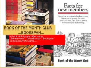 BOOK-OF-THE-MONTH CLUB
…BOOKSPAN…
A book club by any other name …
“Bertelsmann” “DirectBrands” “Bookspan”
is historically the same….
 