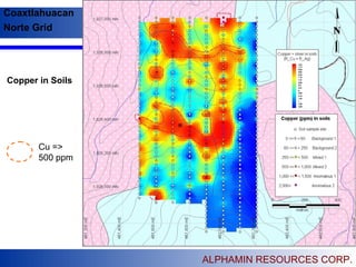 Coaxtlahuacan
Norte Grid
ALPHAMIN RESOURCES CORP.
Cu =>
500 ppm
Copper in Soils
 