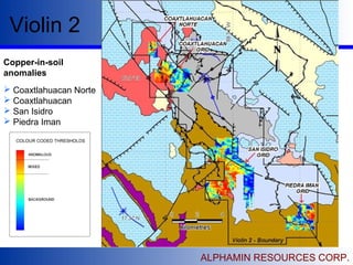 Violin 2
ALPHAMIN RESOURCES CORP.
Copper-in-soil
anomalies
 Coaxtlahuacan Norte
 Coaxtlahuacan
 San Isidro
 Piedra Iman
 