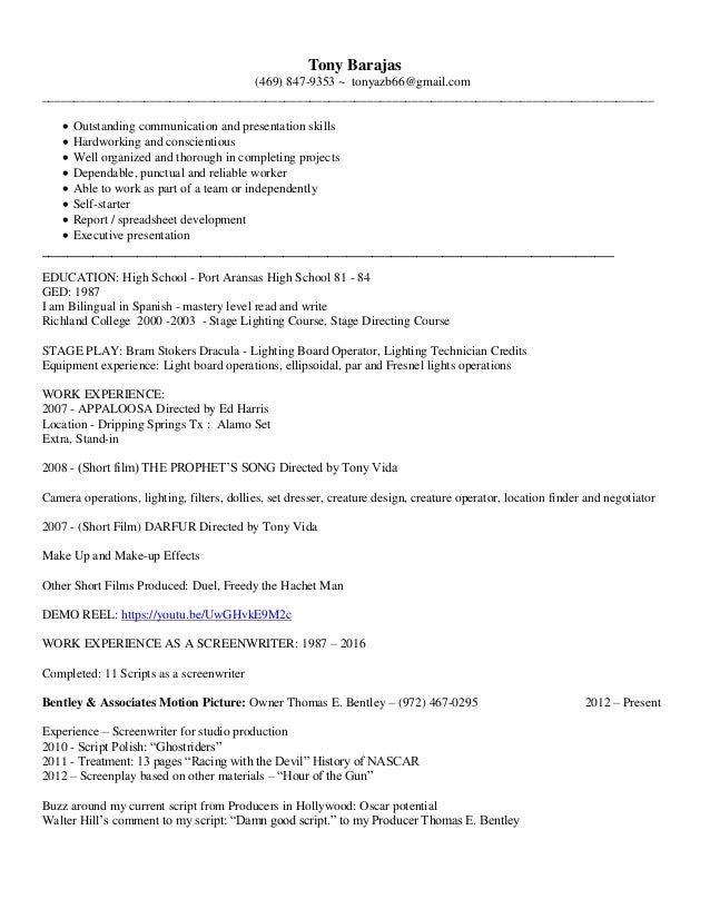 tony production resume