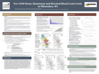 Pre-1940 Home Abatement and Elevated Blood Lead Levels
in Milwaukee, WI
Kevin M. Smith1, Robert Colla2, Lisa Lien2, Elise Papke1, Steve Gradus3, and Sanjib Bhattacharrya1,3
1 UW-Milwaukee, Joseph J. Zilber School of Public Health, 2 City of Milwaukee Health Department - Lead Abatement Program, 3 City of Milwaukee Health Department – Public Health Laboratories
ABSTRACT
• Introduction
• Healthy People2020 set the goal to eliminate childhood blood lead levels (BLLs) ≥ 10 µg/dL and disparities between
race and social class. In 2011, 0.56% of U.S. children had BLLs ≥ 10 µg/dL. From 1996 to 2011, the City of
Milwaukee Lead Primary Prevention Program reduced these rates from 33.18% to 3.45%, however, Milwaukee
contains relatively high prevalence rates.
• Objectives
• We evaluated the influence of housing and community characteristics on prevalence of elevated BLLs and their
effect on successes of Milwaukee lead abatement between 1996 - 2011.
• Method
• City of Milwaukee Health Department Lead Safe Registry, Systematic Tracking of Elevated Lead Levels and
Remediation (STELLAR) and Master Property Records were used to correlate year of construction, owner versus
renter occupancy and history of home lead abatement with prevalence of elevated BLLs was conducted. Spatial
analyses were performed using Geographical Information System (GIS) software.
• Results
• Correlations were revealed among prevalence of elevated BLLs and year of construction (RR = 5.83, 95% CI = 5.57 –
6.11) renter occupancy (RR = 2.01, 95% CI = 1.96 – 2.08) and decrease correlation between elevated BLLs and
history of abatement was found (RR = 0.69, 95% CI = 0.66 – 0.73). Number of units abated was also inversely
correlated with prevalence of elevated BLLs with a negative exponential relationship between prevalence and
number of units abated.
• Conclusion
• Housing and community characteristics are correlated with prevalence of elevated BLLs and reductions of elevated
BLLs. An inverse relationship between number of units abated and prevalence of elevated BLLs was found that was
affected by housing characteristics. We propose future lead abatement programs consider these characteristics.
INTRODUCTION & OBJECTIVES
• Approximately 535,000 children living in the United States have blood lead levels (BLLs) 5 ≥μg/dL; a level deemed
unsafe for children (CDC, 2014).
• The most common sources of lead exposure are lead based paint and contaminated soil near homes and high
traffic road ways (U.S. Department of Housing and Urban Development, 2010).
• Estimates of 37.1 million homes in the United States contain lead based paint (HUD, 2010).
• Nearly 5.7 million homes with children under the age of 6 years old have lead based paint (HUD, 2010).
• The greatest risk factor for lead paint exposure is the Year of Construction of a home
• Children 6 years old and younger are at the highest risk for lead poisoning
• Populations of low household income, minority races have the highest rates of lead poisoning
• In the City of Milwaukee, lead poisoning rates have declined from 31.9% to 3.2% of all children under 6 years old
between 1996 - 2011.
• In the City of Milwaukee, 16,885 housing units have been abated between 1997 – 2011.
• Objectives: Identify the level of hazard posed by pre-1940 housing, non-owner occupancy and
risk reduction following home lead abatement efforts in the City of Milwaukee, WI.
METHODS
• Using data sets from STELLAR, City of Milwaukee Lead Safe Housing Registry (LSHR) and
Milwaukee Master Property Records (MPROP) 186,167 children were assessed for elevated BLLs
(≥ 10 μg/dL). Children were dichotomized into case and no-case groups with 22,769
and 163,398 individuals in each group respectively. Dates from first confirmed
elevated (or non-confirmed) tests were used to identify the addresses of the homes
children were living in at the time of the test. The address was joined with MPROP
data and the LSHR data sets to identify the year of construction and owner vs. non-
owner occupancy, and the date of lead abatement if any. Homes were grouped into
pre-1940 homes and post-1940 homes. The relative risk for lead poisoning was
calculated for each of these three variables over the complete 15 year period (1996-
2011) and for annual estimates of relative risk. Annual RR was plotted in Excel for
each year. Geographical Information Software was used to create spatial
representations of the Year of Construction for the homes, history of lead poisonings
at each home and a history lead abatement.
• Annual Incidences of Lead Poisoning were
highest during the summer months (Figure
1. Seasonal Variation in Lead Poisoning
Incidences 1996-2011)
• Seasonal Variation in Lead Poisoning
Incidence has been observed in the
literature and is likely caused by opening
windows due to the warm summer months
and increased outdoor activities.
• The severity of annual incidences declined
between 1996 and 2011 and the seasonal
variation was largely reduced overall.
• Type a caption for the data content or pictures here.
RESULTS
• Result 1
• Result 2
• Result 3
RESULTS
CONCLUSIONS
• Our investigation confirms the increased risk for lead poisoning associated with Pre-1940s Homes, Non-
owner occupied units and the decreased risk of lead poisoning following Lead Abatement (15 yr
Aggregate Relative Risks).
• Interestingly, Lead Abatement efforts seem indicate a short term increase in the risk for lead poisoning –
however a number of counfounding variables may be present and requires further investigation. In the
City of Milwaukee, lead abatements are addressed in two ways:
• Base–line: Abatement of the home following potential for a child to have lead poisoning.
• Primary Prevention: Abatement of the home at owner’s request without suspicion of lead poisoning,
• Annual risk following lead abatement may be an indication of children that were confirmed to be lead
poisoning after a Base-line abatement. After 9 months from abatement risk begins to decline (data not
shown) and this may suggest that these homes were abated after the child was lead poisoned. This
likely explains why the 15 yr Aggregate Risk is reduced following lead abatement, but not the annual
incidences.
Year of Construction, Owner Occupancy and Prior Abatement Relative Risk Calculations with 95% Confidence Intervals for Aggregate and Annual Lead Poisoning Rates
Relative Risk (95% CI) 15 year Aggregate (1996 - 2011) 1996 1997 1998 1999 2000 2001 2002
Pre-1940 Unit 5.83 (5.57, 6.11) 3.64 (3.32, 3.98) 3.79 (3.42, 4.20) 5.68 (4.78, 6.75) 4.77 (4.04, 5.63) 4.55 (3.87, 5.36) 5.45 (4.51, 6.59) 5.43 (4.45, 6.64)
Non-Owner Occupied 2.01 (1.96, 2.08) 1.73 (1.65, 1.84) 1.76 (1.65, 1.88) 1.89 (1.71, 2.10) 1.85 (1.67, 2.05) 1.64 (1.47, 1.82) 1.77 (1.58, 1.99) 1.77 (1.57, 2.01)
Prior Abatement 0.6908 (0.66, 0.73) 1.01 (0.45, 2.25) 0.92 (0.60, 1.41) 1.06 (0.77, 1.47) 0.8792 (0.68, 1.13) 1.24 (1.04, 1.48) 1.58 (1.35, 1.85)
Case (≥ 10 μg/dL) 22769 5816 3696 1725 1657 1438 1396 1269
No Case (≤ 10 μg/dL) 163398 13709 11352 9534 7373 8123 9364 9908
0
2000
4000
6000
8000
10000
12000
14000
16000
18000
0
1,000
2,000
3,000
4,000
5,000
6,000
7,000
8,000
NumberofUnitsAbated
ChildrenwithElevatedBloodLead
Elevated Blood Lead Levels and # of Units Abated
Pre-1940 Units Abated Total Units Abated Prevalance
Relative Risk (95% CI) 2003 2004 2005 2006 2007 2008 2009 2010 2011
Pre-1940 Unit 7.06 (5.51, 9.05) 8.22 (6.32, 10.69) 5.70 (4.48, 7.25) 7.47 (5.43, 10.26) 5.86 (4.37, 7.86) 8.32 (5.81, 11.92) 8.33 (5.81, 11.95) 5.98 (4.32, 8.29) 5.66 (4.01, 7.98)
Non-Owner Occupied 1.70 (1.48, 1.95) 2.02 (1.75, 2.24) 1.76 (1.51, 2.05) 1.85 (1.53, 2.23) 2.25 (1.85, 2.74) 1.56 (1.28, 1.91) 1.86 (1.49, 2.31) 1.57 (1.23, 1.99) 2.05 (1.56, 2.70)
Prior Abatement 1.89 (1.63, 2.19) 1.69 (1.44, 1.99) 1.59 (1.35, 1.87) 1.42 (1.15, 1.75) 1.22 (0.99, 1.51) 1.18 (0.95, 1.47) 1.08 (0.85, 1.37) 0.83 (0.63, 1.10) 1.21 (0.93, 1.55)
Case (≥ 10 μg/dL) 1046 936 838 589 600 520 461 401 381
No Case (≤ 10 μg/dL) 9514 9939 9296 8968 10296 10598 11122 12680 11622
• An inverse non-linear association was observed
between the number of children with elevated
BLLs and the number of pre-1940 units abated
between 1996 – 2011 (Figure 2. Elevated BLLs and
the # of Units Abated
• Pre-1940 housing units accounted for the majority
of abatements in the City of Milwaukee.
• Visualization of
Year of
Construction
show a high
density in central
Milwaukee.
• Corresponding
Total Cases of
Lead Poisoning
indicate a strong
spatial correlation
between Cases
and Year of
construction.
0
2
4
6
8
10
12
14
1994 1996 1998 2000 2002 2004 2006 2008 2010 2012
RelativeRiskRatio
Year
Risk of Elevated BLLs - Pre-1940s Homes
Annual Risk 15 yr Aggregate Risk
REFERENCES
AKNOWLEDGEMENTS
• Center for Disease Control and Prevention (2014, June 19). Lead – Home Page. Retrieved from:
http://www.cdc.gov/nceh/lead/
• Center for Disease Control and Prevention (2014, October 30). LCDC’s national Surveillance Data (1997-2013). Retrieved from:
http://www.cdc.gov/nceh/lead/data/national.htm
• City of Milwaukee Health Department (2014, September, 12). Lead Poisoning Prevention Data and Reports. Received from:
http://city.milwaukee.gov/Lead-Poisoning-Prevention-Data#.VI88wqecteU
• Cox, D.C., Dewalt, G., O’Haver, R., and Salatino, B. American Health Homes Survey; Lead and Arsenic Findings. U.S. Department
of Housing and Urban Development: Office of Healthy Homes and Lead Hazard Control, April, 2011.
• We would like to thank Joyce Witebsky for her help with the GIS mapping, Amy
Kalkbrenner for her advice with statistical analysis, Julie Becker for her assistance
with the project, Alice Yan and Kurt Svoboda for assistance with investigation
design.
0
0.5
1
1.5
2
2.5
1994 1996 1998 2000 2002 2004 2006 2008 2010 2012
RelativeRiskRatio
Year
Risk of Elevated BLLs - Prior Abated Units
Annual Risk 15 yr Aggregate Risk
0
0.5
1
1.5
2
2.5
3
1994 1996 1998 2000 2002 2004 2006 2008 2010 2012
RelativeRiskRatio
Year
Risk of Elevated BLLs - Non-Owner Occupied Units
Annual Risk 15 yr Aggregate Risk
• Table 1. Relative Risk lists RR values
and 95% CI for the 15 yr Aggregate
(1996-2011) lead poisoning rates.
• Year of Construction:
RR = 5.83, CI = 5.57, 6.13
• Non-Owner Occupancy:
RR = 2.01, CI – 1.96, 2.08
• Prior History of Abatement:
RR = 0.69, CI = 0.66 – 0.73
• Increased Risk was consistent
annually for Pre-1940s Homes and
Non-Owner Occupancy and the 15 yr
Aggregate scores
• Increased Risk was observed for
Home Abatement between 2001 –
2004 and unexpectedly contradicted
the 15 yr Aggregate scores.
• Graphical Representation (right)
shows the Annual Risk for Pre-1940s
Homes, Non-Owner Occupancy and
Prior Abated Units and 15 yr
Aggregate Risk as a baseline
comparison for the annual trends.
• Increased risk for elevated BLLs for
Prior Abated Units in depicted and
requires further investigation.
 