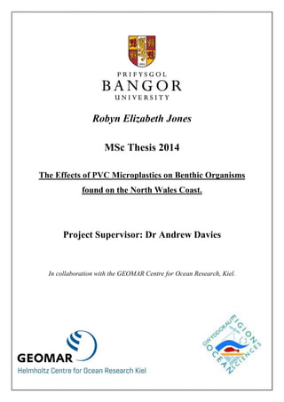 Robyn Elizabeth Jones
MSc Thesis 2014
The Effects of PVC Microplastics on Benthic Organisms
found on the North Wales Coast.
Project Supervisor: Dr Andrew Davies
In collaboration with the GEOMAR Centre for Ocean Research, Kiel.
 