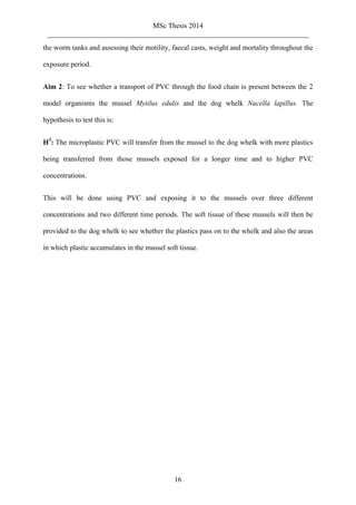 MSc Thesis 2014
_________________________________________________________________________
16
the worm tanks and assessing their motility, faecal casts, weight and mortality throughout the
exposure period.
Aim 2: To see whether a transport of PVC through the food chain is present between the 2
model organisms the mussel Mytilus edulis and the dog whelk Nucella lapillus. The
hypothesis to test this is:
H3
: The microplastic PVC will transfer from the mussel to the dog whelk with more plastics
being transferred from those mussels exposed for a longer time and to higher PVC
concentrations.
This will be done using PVC and exposing it to the mussels over three different
concentrations and two different time periods. The soft tissue of these mussels will then be
provided to the dog whelk to see whether the plastics pass on to the whelk and also the areas
in which plastic accumulates in the mussel soft tissue.
 