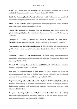 MSc Thesis 2014
_________________________________________________________________________
53
Ryan P.C., Connell A.D. and Gardener B.D. (1988) Plastic ingestion and PCBs in
seabirds: Is there a relationship? Marine Pollution Bulletin 19, 174-176.
Setälä O., Flemming-LehtinenV. and Lehtiniemi M. (2014) Ingestion and transfer of
microplastics through the planktonic food web. Environmental Pollution 185, 77-83.
Sherr E.B. and Sherr B.F. (2002) Significance of predation by protists in aquatic microbial
food webs. Antonie van Leeuwenhoek 81, 293-308.
Teuten E.L., Rowland S.J., Galloway T.S. and Thompson R.C. (2007) Potential for
plastics to transport hydrophobic contaminants. Environmental Science and Technology 41,
7759-7764.
Thompson R.C., Olsen Y., Mitchell R.P., Davis A., Rowland S.J., John A.W.J.,
McGonigle D. and Russell A.E. (2004) Lost at sea: where is all the plastic? Science 838.
Tourinho P.S., Ivar dul Sol J.A. and Fillmann G. (2010) Is marine debris ingestion still a
problem for the coastal marine biota of southern Brazil. Marine Pollution Bulletin 60, 396-
401.
Velzeboer I., Kwadijk C.J.A.F. and Koelmans A.A. (2014) Strong sorption of PCBs to
nanoplastics, microplastics, carbon nanotubes and fullerenes. Environmental Science and
Technology 48, 4869-4876.
Vitousek P.M., Mooney H.A., Lubchenco J. and Melillo J.M. (1997) Human domination
of earth’s ecosystems. Science 277, 494-499.
von Moos N., Burkhardt-Holm P. and Kohler A. (2012) Uptake and effects of
microplastics on cells and tissue of the blue mussel Mytilus edulis after and experimental
exposure. Environmental Science and Technology 46, 11327-11335.
Voparil I.M., Burgess R.M., Mayer L.M., Tien R., Cantwell M.G. and Ryba S.A. (2004)
Digestive bioavailability to a deposit feeder (Arenicola marina) of polycyclic aromatic
hydrocarbons associated with anthropogenic particles. Environmental Toxicology and
Chemistry 23, 2618-2626.
Wenger A., Besseling E., Foekema E.M., Kamermans P. and Koelmans A.A. (2012)
Effects of nanopolystyrene on the feeding behaviour of the blue mussel Mytilus edulis.
Environmental toxicology and Chemistry 31, 2490-2497.
 
