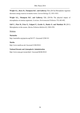MSc Thesis 2014
_________________________________________________________________________
54
Wright S.L., Rowe D., Thompson R.C. and Galloway T.S. (2013a) Microplastic ingestion
decreases energy reserves in marine worm. Current Biology 23, 1031-1033.
Wright S.L., Thompson R.C. and Galloway T.S. (2013b) The physical impact of
microplastics on marine organisms: A review. Environmental Pollution 178, 483-492.
Zafl C., Fleet D., Frias E., Galgani F., Gerdts G., Hanke G. and Matttheis M (2011)
Microplastics in the oceans. Marine Pollution Bulletin 62, 1589-1591.
Websites
Marinebio
http://marinebio.org/species.asp?id=57 <Accessed 12/06/14>
Marlin
http://www.marlin.ac.uk<Accessed 12/06/2014>
National Oceanic and Atmospheric Administration
http://www.noaa.gov/ocean.html <Accessed 06/06/2014>
 