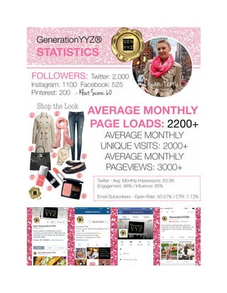 GenerationYYZ®
STATISTICS
FOLLOWERS: Twitter: 2,000
Instagram: 1100 Facebook: 525
Pinterest: 200 ~ Klout Score: 60
Twitter - Avg. Monthly Impressions: 63.5K
Engagement: 98% / Influence: 85%
Email Subscribers - Open Rate: 50.57% / CTR: 7.73%
AVERAGE MONTHLY
PAGE LOADS: 2200+
AVERAGE MONTHLY
UNIQUE VISITS: 2000+
AVERAGE MONTHLY
PAGEVIEWS: 3000+
1,125
225
75
 