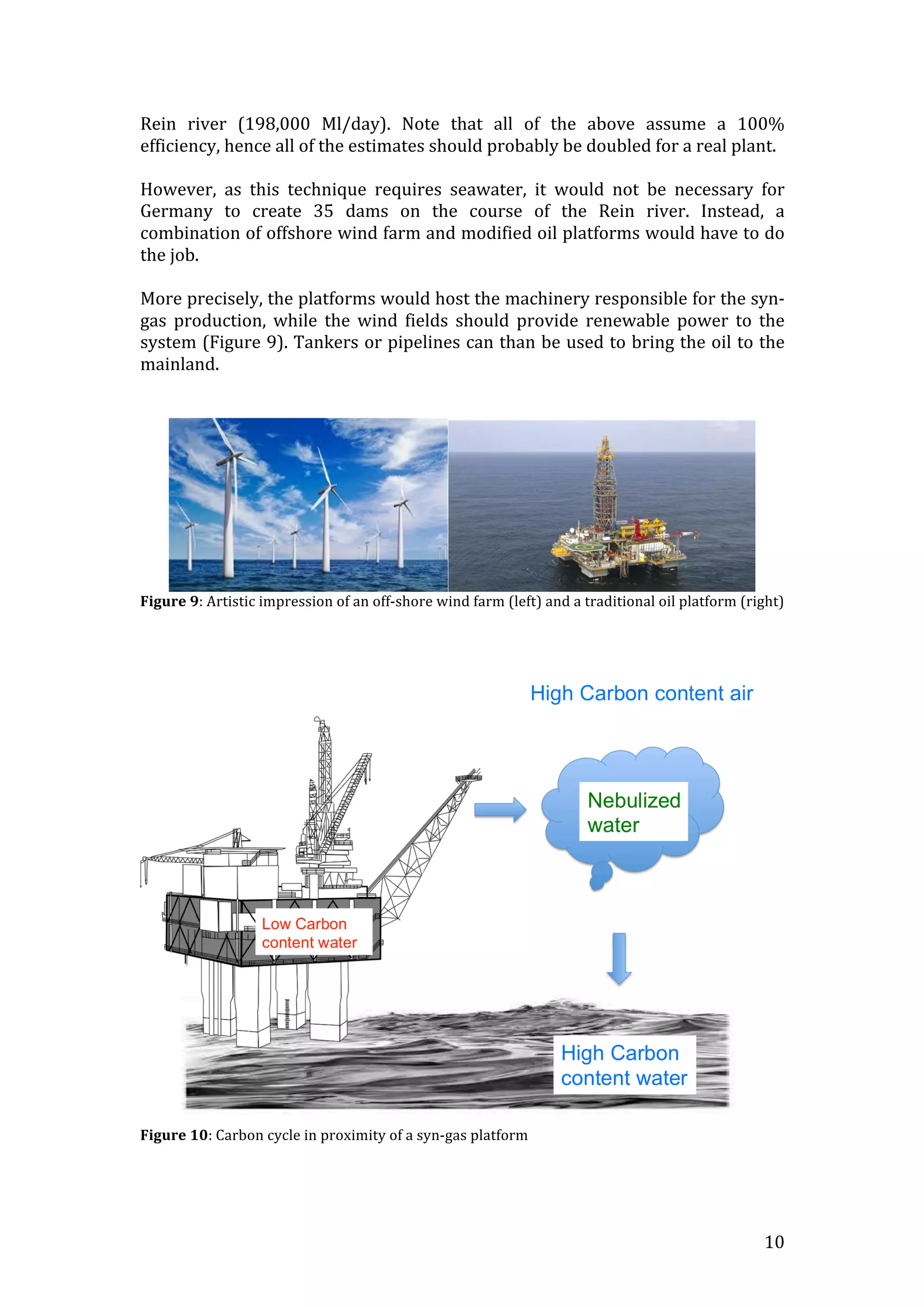   10	
  
Rein	
   river	
   (198,000	
   Ml/day).	
   Note	
   that	
   all	
   of	
   the	
   above	
   assume	
   a	
   100%	
  
efficiency,	
  hence	
  all	
  of	
  the	
  estimates	
  should	
  probably	
  be	
  doubled	
  for	
  a	
  real	
  plant.	
  
	
  
However,	
   as	
   this	
   technique	
   requires	
   seawater,	
   it	
   would	
   not	
   be	
   necessary	
   for	
  
Germany	
   to	
   create	
   35	
   dams	
   on	
   the	
   course	
   of	
   the	
   Rein	
   river.	
   Instead,	
   a	
  
combination	
  of	
  offshore	
  wind	
  farm	
  and	
  modified	
  oil	
  platforms	
  would	
  have	
  to	
  do	
  
the	
  job.	
  
	
  
More	
  precisely,	
  the	
  platforms	
  would	
  host	
  the	
  machinery	
  responsible	
  for	
  the	
  syn-­‐
gas	
   production,	
   while	
   the	
   wind	
   fields	
   should	
   provide	
   renewable	
   power	
   to	
   the	
  
system	
  (Figure	
  9).	
  Tankers	
  or	
  pipelines	
  can	
  than	
  be	
  used	
  to	
  bring	
  the	
  oil	
  to	
  the	
  
mainland.	
  
	
  
	
  
	
  
Figure	
  9:	
  Artistic	
  impression	
  of	
  an	
  off-­‐shore	
  wind	
  farm	
  (left)	
  and	
  a	
  traditional	
  oil	
  platform	
  (right)	
  
	
  
	
  
	
  
	
  
Figure	
  10:	
  Carbon	
  cycle	
  in	
  proximity	
  of	
  a	
  syn-­‐gas	
  platform	
  
	
  
	
  
 