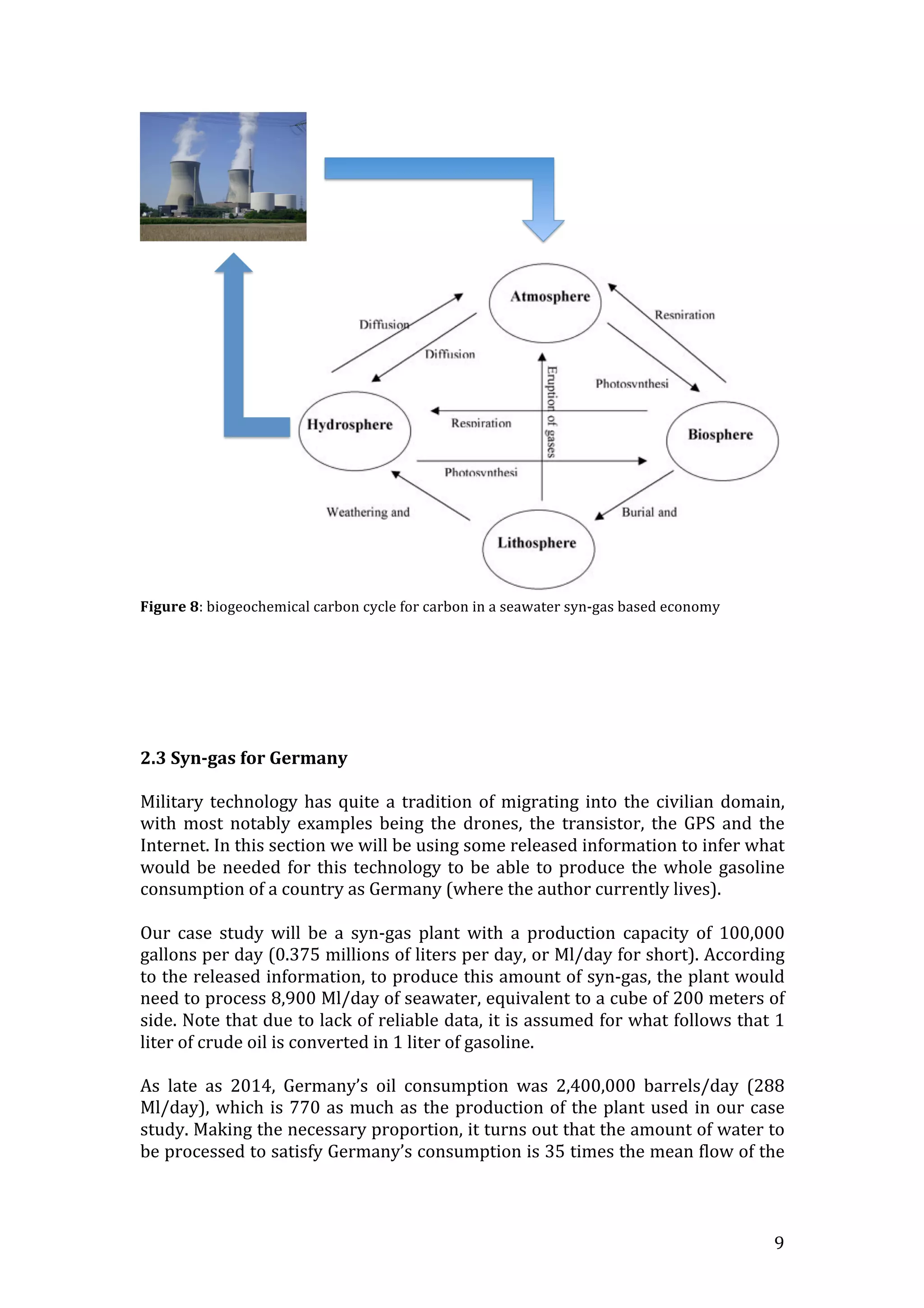   9	
  
	
  
Figure	
  8:	
  biogeochemical	
  carbon	
  cycle	
  for	
  carbon	
  in	
  a	
  seawater	
  syn-­‐gas	
  based	
  economy	
  
	
  
	
  
	
  
	
  
	
  
	
  
2.3	
  Syn-­‐gas	
  for	
  Germany	
  
	
  
Military	
  technology	
  has	
  quite	
  a	
  tradition	
  of	
  migrating	
  into	
  the	
  civilian	
  domain,	
  
with	
   most	
   notably	
   examples	
   being	
   the	
   drones,	
   the	
   transistor,	
   the	
   GPS	
   and	
   the	
  
Internet.	
  In	
  this	
  section	
  we	
  will	
  be	
  using	
  some	
  released	
  information	
  to	
  infer	
  what	
  
would	
  be	
  needed	
  for	
  this	
  technology	
  to	
  be	
  able	
  to	
  produce	
  the	
  whole	
  gasoline	
  
consumption	
  of	
  a	
  country	
  as	
  Germany	
  (where	
  the	
  author	
  currently	
  lives).	
  
	
  
Our	
   case	
   study	
   will	
   be	
   a	
   syn-­‐gas	
   plant	
   with	
   a	
   production	
   capacity	
   of	
   100,000	
  
gallons	
  per	
  day	
  (0.375	
  millions	
  of	
  liters	
  per	
  day,	
  or	
  Ml/day	
  for	
  short).	
  According	
  
to	
  the	
  released	
  information,	
  to	
  produce	
  this	
  amount	
  of	
  syn-­‐gas,	
  the	
  plant	
  would	
  
need	
  to	
  process	
  8,900	
  Ml/day	
  of	
  seawater,	
  equivalent	
  to	
  a	
  cube	
  of	
  200	
  meters	
  of	
  
side.	
  Note	
  that	
  due	
  to	
  lack	
  of	
  reliable	
  data,	
  it	
  is	
  assumed	
  for	
  what	
  follows	
  that	
  1	
  
liter	
  of	
  crude	
  oil	
  is	
  converted	
  in	
  1	
  liter	
  of	
  gasoline.	
  
	
  
As	
   late	
   as	
   2014,	
   Germany’s	
   oil	
   consumption	
   was	
   2,400,000	
   barrels/day	
   (288	
  
Ml/day),	
  which	
  is	
  770	
  as	
  much	
  as	
  the	
  production	
  of	
  the	
  plant	
  used	
  in	
  our	
  case	
  
study.	
  Making	
  the	
  necessary	
  proportion,	
  it	
  turns	
  out	
  that	
  the	
  amount	
  of	
  water	
  to	
  
be	
  processed	
  to	
  satisfy	
  Germany’s	
  consumption	
  is	
  35	
  times	
  the	
  mean	
  flow	
  of	
  the	
  
 