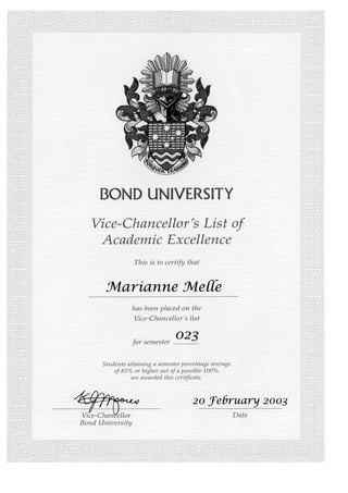 Award of Academic Excellence Marianne Melle