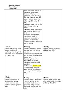 Marlana Hufstetler
Conversation1
Spring 1 2016
Thursday
Students successfully utilize
grammar points and
vocabulary from Chapter 6
(the human body) to complete
the chapter test.
Week 8
Monday
Students demonstrate an
understanding of basic
conversation interview
questions and new grammar
points.
a role play/acting activity to
encourage conversation.
Instructor introduces
grammar point: should (pg.
103) and follow-up interview
activity (choose activity on
either page 103 or top of
104).
Grammar point: this vs. that
(pg. 104) and follow-up
activity.
Grammar point: simple past
and follow-up activity (pg.
106)
**students will receive a
participation grade for
successful completion of
grammar point activities.
Instructor outlines Thursday’s
test for students.
Thursday
Instructor passes out graded
quiz and goes over correct
answers.
Instructor asks students to ask
any questions about the day’s
chapter test.
Instructor goes over test
instructions and further
encourages students to ask
questions.
Students take Chapter 6 test.
If time permits, instructor
leads students into discussion
over campus healthcare (pg.
107).
Monday
Instructor checks homework
(students were to fill out
answers to mock interview
questions) and goes over
acceptable answers with the
class.
Thursday
Students read and complete
dialogue (pg. 109).
Monday
Students begin studying for
final exam; complete practice
at the top of pg. 112.
 