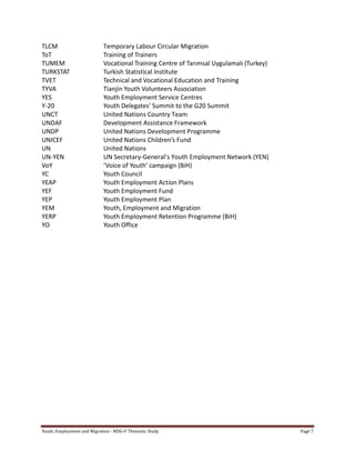 Youth, Employment and Migration - MDG-F Thematic Study Page 7
TLCM Temporary Labour Circular Migration
ToT Training of Trainers
TUMEM Vocational Training Centre of Tarımsal Uygulamalı (Turkey)
TURKSTAT Turkish Statistical Institute
TVET Technical and Vocational Education and Training
TYVA Tianjin Youth Volunteers Association
YES Youth Employment Service Centres
Y-20 Youth Delegates’ Summit to the G20 Summit
UNCT United Nations Country Team
UNDAF Development Assistance Framework
UNDP United Nations Development Programme
UNICEF United Nations Children’s Fund
UN United Nations
UN-YEN UN Secretary-General’s Youth Employment Network (YEN)
VoY ‘Voice of Youth’ campaign (BiH)
YC Youth Council
YEAP Youth Employment Action Plans
YEF Youth Employment Fund
YEP Youth Employment Plan
YEM Youth, Employment and Migration
YERP Youth Employment Retention Programme (BiH)
YO Youth Office
 