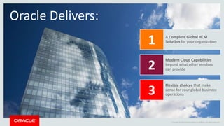 Copyright © 2014 Oracle and/or its affiliates. All rights reserved.
Oracle Delivers:
A Complete Global HCM
Solution for your organization
Modern Cloud Capabilities
beyond what other vendors
can provide
Flexible choices that make
sense for your global business
operations
1
2
3
 