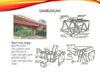 SAMBUNGAN
Baut mutu tinggi :
ASTM A307 –
low carbon steel
ASTM A325 –
high strength steel
ASTM A490 –
high strength alloy
steel
 