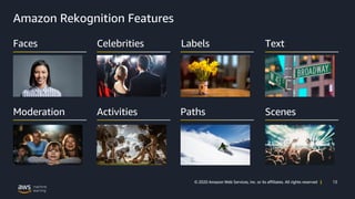 13© 2020 Amazon Web Services, Inc. or its affiliates. All rights reserved |
Amazon Rekognition Features
Faces Celebrities ...
