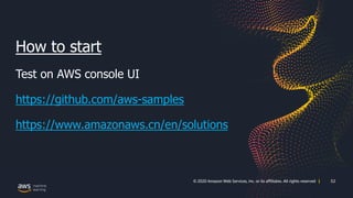 52© 2020 Amazon Web Services, Inc. or its affiliates. All rights reserved |
How to start
Test on AWS console UI
https://github.com/aws-samples
https://www.amazonaws.cn/en/solutions
 