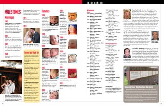 FROSTBURG STATE UNIVERSITY: ONE UNIVERSITY. A WORLD OF EXPERIENCES.I N M E M O R I A M
Nancy Beall
Dr. Mark Middleton
Enordo“Moose”
Arnone ’57/M’64
1985	 Michael F. O’Rourke
	Feb. 16, 2015
1990	 Paul T. Billy
	April 15, 2015
	 Vickie L. Altizer Swink
	June 17, 2015
1991	 Laura D. Vann
	May 2, 2015
1994	 The Rev. Earlene K. 		
	 Richardson Mason M’94
	Aug. 23, 2014
1997	 Joseph E.L. Kight, Jr.
	Feb. 27, 2015
	 Kimberly R. Welch Shirer
	Feb. 1, 2015
2004	 Lt. Col. Todd D. Thomson 	
	M’04
	March 13, 2015
2007	 Nicholas S. Conley
	June 28, 2015
2010	 Stephen S. Gobeil	
	June 20, 2015
Friends of the University
Joanne Harris Edwards
	May 22, 2015
William G. Elsen
	April 28, 2015
The Honorable Donald C. Hott
	May 3, 2015
Maryanne Corley Kovack
	March 12, 2015
Thomas L. “Tucker” Layman
	Jan. 30, 2015
Margaret A. Stoner Meyers
	Feb. 24, 2015
Matthew D. Russell
	Feb. 12, 2015
Jason S. Semler
	March 1, 2015
David M. Shriver
	March 8, 2015
Julia Downey Slagle
	Jan. 16, 2015
Robert E. Stovenour
	Feb. 23, 2015
Gloria J. Krzeminski Tamburo
	Feb. 23, 2015
Sandra D. Nichols Toms
	May 1, 2015
Clarification:
The full name of Anthony Petrelli, Sr.,
father of Anthony R. Petrelli ’92 and
Jonathan H. Petrelli ’92, was omitted
in the spring issue of Profile. 
Nancy Smith Beall, who died March 6, 2015, was
the widow of the late U.S. Sen. J. Glenn Beall, Jr., of
Maryland and a generous supporter of FSU. An astute
political wife and an active member of numerous or-
ganizations, she supported her husband through his
career, including during his service in the U.S. House of
Representatives and the U.S. Senate. Many of her papers
from this period are housed in the J. Glenn Beall Archives
in FSU’s Lewis J. Ort Library, along with those of her husband. She is sur-
vived by her daughter, Victoria Beall Muth, chair of the board of directors
of the Beall Institute for Public Affairs, which is housed at FSU and was
established by the Bealls to promote a spirit of civic responsibility and an
increased knowledge of government affairs and the political process.
Enordo R. “Moose” Arnone ’57/M’64, who died on
Jan. 19, 2015, was a lifelong educator, following up a
30-year career as a teacher, coach, vice principal and
principal by serving four four-year terms on the Allegany
County Board of Education, including three times as
president. He was inducted into the Bobcat Hall of
Fame for four years as a soccer goalie, and he pitched
professionally in the St. Louis Browns/Baltimore Orioles
organization. Arnone was deeply involved in his com-
munity and spearheaded many successful fundraisers
over the years.
Dr. Mark G. Middleton, who died Jan. 19, 2015, was
an adjunct faculty member in the FSU Department of
Sociology for the past decade. At the time of his death,
he was completing his doctorate in human and com-
munity development, which West Virginia University
awarded posthumously. He launched Middleton Mouth
Bow Harps in 2002, designing and making the musical
instruments. Middleton was also active in Boy Scouts,
including mentoring scouts with his wife, Martha. A native of Frostburg, he
was dedicated to Appalachia, its culture and its environment. 
MILESTONES
Marriages
1987
Laetitia Martin married Christopher
Krebs ’85 on April 11, 2015. Tish is a
litigation specialist for Erie Insurance
Company. Chris is a teacher for the
Baltimore City School System. The couple
resides in Bethesda, Md. Tish is the daughter
of Professor Emeritus James Martin.
2001
Jeffrey Perrin married Jennifer Hoover
on Aug. 31, 2013. Jeffrey is an accountant at
CBIZ, Inc. The couple resides in LaVale, Md.
2007
Jenny Tab married Daniel Hill ’06 on
Aug. 2, 2014. Dan is employed as general
manager for Propstore. The couple resides
in Los Angeles, Calif. (See photo below.)
2009
Sara Harris married Michael Giano on
June 6, 2015.
Brandi Heavner M’09 married Daniel
Krampf on Oct. 19, 2013. Brandi is
employed at Carefirst Blue Cross Blue Shield.
The couples resides in Cumberland, Md.
2011
Rebecca Slate married Robert Benjamin
James Brown on Jan. 5, 2015. Rebecca is
employed by Family Behavioral Resources.
2012
Kristin Marie Moone '12 married
Bryce Alan Sigler ’11 on May 9, 2015.
In Memoriam
Alumni
1944	 LaVerda L. Glime Oglebay
	March 25, 2015
1946	 Matilda P. Over Reynolds
	Feb. 14, 2015
1947	 Ann E. Llewellyn McGill
	June 3, 2015
1950	 Augustine A. Diaz
	June 15, 2015
	 Beatrice Linn Wenner
	April 4, 2014
1951	 Rose A. Willison Hilleary
	April 14, 2015
1952	 Irene C. Michael Scott M’74
	March 5, 2015
	 Raymond C. Wenner
	April 6, 2015
1955	 James M. VanMeter
	Jan. 20, 2015
1956	 Dr. Mary F. Mertz Elsen
	April 29, 2015
1957	 Edgar L. Hounshell, Jr. M’64
	Feb. 3, 2015
1959	 Allen T. Robertson
	April 10, 2015
1960	 Alice Day “Impy” Sulin
	Feb. 15, 2015
1966	 Clyde R. Broadwater
	Feb. 14, 2015
	 Charles J. Wightman
	May 17, 2015
1967	 Scott E. Dixon I
	April 11, 2015
	 Kacia Robertson Smouse
	April 5, 2015
1969	 Dorothy J. Tichnell
	Jan. 6, 2015
1970	 Gail D. Locke Patrick
	March 12, 2015
	 James C. Thompson
	Feb. 23, 2015
1971	 Kathy L. Cutter
	April 7, 2015
	 William J. Kelly, Jr.
	Nov. 20, 2014
1976	 Frederick K. Learey M’76
	Jan. 18, 2015
1979	 Chase C. Gove III M’79
	Feb. 12, 2015
1980	 Craig S. Lea
	Jan. 8, 2015
1982	 Patricia R. Mooney Beem
	May 8, 2015
	 Richard J. Dunn
	Feb. 4, 2015
	 Dr. Barbara B. Fink Roque
	May 27, 2015
Farewell and Thank You
Frostburg State University wishes the
following faculty and staff the best of
luck in their retirements:
Juanita Bender, housekeeper, joined
FSU in 2004.
Rose Booth, housekeeper, joined FSU
in 1996.
Mary Ann Chapman, lecturer in the
departments of English and Foreign
Languages, joined FSU in 1990.
Bonnie Jackson, executive admin-
istrative assistant in Student Affairs,
joined FSU in 1984.
Valerie Lashley, IT program analyst
in Enterprise Applications, joined FSU
in 1986.
Dr. Karen Soderberg Sarnaker,
professor in the Department of Music,
joined FSU in 1989.
Pamela Shirk, payroll processing
associate, joined FSU in 1981.
Dr. Oma Gail Simmons, profes-
sor in the Department of Educational
Professions, joined FSU in 1998.
Robert Smith, assistant VP for plan-
ning, assessment and institutional
research, joined FSU in 1995.
Retirements from May to August 2015
Families
1996
Greg Poland and
his wife, Alison,
announce the
birth of their son,
Andrew Franklin,
on March 14, 2015.
Andrew joins Lexi
(5) and Ian (4). Andrew is the grandson of
FSU professors Dr. Karen Parks and the
late Dr. Frank Parks.
1999
Amy Shaffer and
Caleb Warrington
announce the birth
of their son, Caleb
Van Warrington V,
on March 6, 2015.
2000
Dr. David Gurzick and his wife,
Martha, announce the birth of twins,
Chandler Brooks and Alexander Chase, on
March 29, 2015.
2002
Tricia Kitzmiller
Emerick M’08
and her husband,
Kenny ’98,
announce the birth
of their son, Ripken
Lee, on June 25,
2015. Ripken joins big brothers Camden
and Hayden.
Angie Mason Eyer and her husband,
Matt, announce the birth of their son,
Miles Anthony, on March 29, 2015.
2003
Billy Jackson
M’07 and his
wife, Crystal,
announce the
birth of their
daughter, Summer
Olivia, on May 26, 2015.
JennyTab ΄07 and Daniel Hill ´06 met
when they were cast as love interests in the
FSU production ofTheDiviners.They thought
it fitting to be married on stage, this time at
the HippodromeTheatre in Baltimore.
2007
Melanie
Tepsick
Branigan and
her husband,
Andrew ’08,
announce the
birth of their son,
Ace Michael, on June 9, 2015.
Nicole Wigfield
D’Atri M’08,
and her husband,
Mick, announce
the birth of their
son, Jordan Cole,
on June 12, 2015.
2009
Brittany Davis
Miller and her
husband, John
’09, announce
the birth of their
son, Garrett, on
May 23, 2015.
2010
Hannah Byler
M’12 and her
husband, Matt,
announce the
birth of their
daughter, Amelia
Charlotte, on May
6, 2015.
2011
Jen Gover
Haslacker
and her hus-
band, Alex ’10,
announce the
birth of their
daughter, Addison
Evelyn Joyce, on Jan. 26, 2015.
2012
Jason Thomas announces the birth of
his son, Edward Ted Kennedy, on Feb. 18,
2015. Honoring Those Who Touched Our Hearts
TheWall of Honor stands as a memorial to the many faculty, staff, alumni
and friends who have touched our hearts and helped make FSU what it is today.
Located in a prominent yet serene spot between Pullen Hall and the Performing
Arts Center, it serves as a reminder of the remarkable individuals and supportive
community found in and around Frostburg.
If you would like to add the name of a loved one, friend or mentor, living or
passed, to theWall of Honor, please contact Shannon Gribble ’98, director of
alumni and donor relations, at 301.687.4068.
3534
 