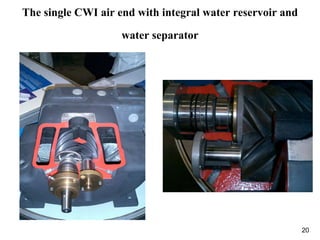 20
The single CWI air end with integral water reservoir and
water separator
 
