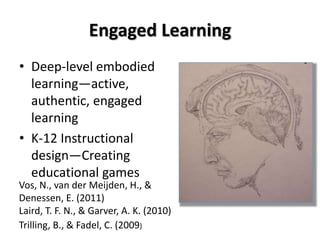 Engaged Learning
• Deep-level embodied
learning—active,
authentic, engaged
learning
• K-12 Instructional
design—Creating
educational games
Vos, N., van der Meijden, H., &
Denessen, E. (2011)
Laird, T. F. N., & Garver, A. K. (2010)
Trilling, B., & Fadel, C. (2009)
 