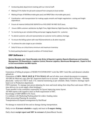  Conducting daily department meeting with our internal staff.
 Making 57-F4 challan for job work outward from company to local vendor.
 Making all type of RGP(Returnable gate pass) and NRGP (Non returnable gate pass).
 Coordination with transportation for making supply smooth and freight negotiations costing and freight
expenditure.
 Ensure all material SHOULD BE DISPATCH on FIFO (FIRST IN FIRST OUT) basis.
 Ensure 100% customer satisfaction by Right Time, Right Material, Right Quantity, Right Place.
 To monitoring as per schedule billing and proper tagging dispatch for customer.
 To attend customer calls and representative at customer end to address shortage.
 To ensure the billing system with new PO/amendments as & when required.
 To achieve the sales target as per schedule.
 Daily FG focus on critical items minimum and maximum Inventory.
To check packing Standard in good condition of Finished Good .
ERP Software :
Service Receipts note / Good Receipts note (Entry & Reports) Logistics Reports Warehouse and Inventory
Management, PO Requisitions, Logistics Control, Reverse Logistics, Warehouse Management, Expert in End
to End reconciliation and MIS reports.
Logistics Responsibility
Generation of billing & prepare of MARUTI EXTERANET work like SRV Card, Bin card &maruti schedule
upload etc.
Generation of GRN, NRGP, RGP & 57 F4 CHALLAN and all other store related documents in computer.
All GRN & Motivate copy after QC inspection hand over to account department with in 24 hours. Monthly
physically verify to E-TECT stock .F.G. material monitoring as per schedule. Daily Tentative shortage report
hand over to Production department.
FIFO maintain. To manage men power planning for store and stock taking from shop floor and ensure 100% on
time delivery (to avoid supply chain breakage).
Team member in the committee responsible for layout improving stores layout.
All MIS reports with regard to store as Perth requirement of ISO..
Knowledge of ERP (BMR 6.0 E-Tect).
Co-ordinate with Marketing/Packing plant for orders /loading status
Order processing-Planning & execution
Transportation & dispatch arrangement by Rail/Road
No damage to material & bins and no damage during transportation.
Daily review Extranet schedulevs supply and meet to E-nagare timing.
Daily check receipt report and SRV in extranet all plantsMaruti Suzuki.
 