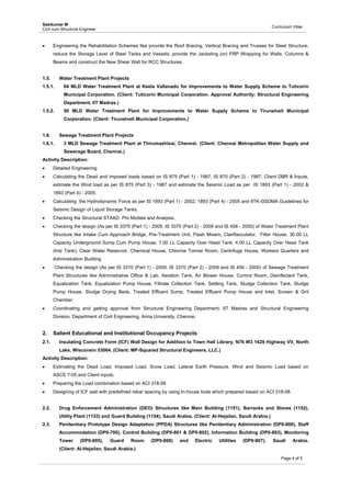Sasikumar M
Civil cum Structural Engineer
Curriculum Vitae
 
Page 4 of 5
 Engineering the Rehabilitation Schemes like provide the Roof Bracing, Vertical Bracing and Trusses for Steel Structure,
reduce the Storage Level of Steel Tanks and Vessels, provide the Jacketing (or) FRP Wrapping for Walls, Columns &
Beams and construct the New Shear Wall for RCC Structures.
1.5. Water Treatment Plant Projects
1.5.1. 84 MLD Water Treatment Plant at Keela Vallanadu for Improvements to Water Supply Scheme to Tuticorin
Municipal Corporation. (Client: Tuticorin Municipal Corporation. Approval Authority: Structural Engineering
Department, IIT Madras.)
1.5.2. 50 MLD Water Treatment Plant for Improvements to Water Supply Scheme to Tirunelveli Municipal
Corporation. (Client: Tirunelveli Municipal Corporation.)
1.6. Sewage Treatment Plant Projects
1.6.1. 3 MLD Sewage Treatment Plant at Thirumazhisai, Chennai. (Client: Chennai Metropolitan Water Supply and
Sewerage Board, Chennai.)
Activity Description:
 Detailed Engineering
 Calculating the Dead and imposed loads based on IS 875 (Part 1) - 1987, IS 875 (Part 2) - 1987, Client DBR & Inputs,
estimate the Wind load as per IS 875 (Part 3) - 1987 and estimate the Seismic Load as per IS 1893 (Part 1) - 2002 &
1893 (Part 4) - 2005.
 Calculating the Hydrodynamic Force as per IS 1893 (Part 1) - 2002, 1893 (Part 4) - 2005 and IITK-GSDMA Guidelines for
Seismic Design of Liquid Storage Tanks.
 Checking the Structural STAAD. Pro Models and Analysis.
 Checking the design (As per IS 3370 (Part 1) - 2009, IS 3370 (Part 2) - 2009 and IS 456 - 2000) of Water Treatment Plant
Structure like Intake Cum Approach Bridge, Pre-Treatment Unit, Flash Mixers, Clariflacculator, Filter House, 30.00 LL
Capacity Underground Sump Cum Pump House, 7.00 LL Capacity Over Head Tank, 4.00 LL Capacity Over Head Tank
(Intz Tank), Clear Water Reservoir, Chemical House, Chlorine Tonner Room, Centrifuge House, Workers Quarters and
Administration Building
 Checking the design (As per IS 3370 (Part 1) - 2009, IS 3370 (Part 2) - 2009 and IS 456 - 2000) of Sewage Treatment
Plant Structures like Administrative Office & Lab, Aeration Tank, Air Blower House, Control Room, Disinfectant Tank,
Equalization Tank, Equalization Pump House, Filtrate Collection Tank, Settling Tank, Sludge Collection Tank, Sludge
Pump House, Sludge Drying Beds, Treated Effluent Sump, Treated Effluent Pump House and Inlet, Screen & Grit
Chamber.
 Coordinating and getting approval from Structural Engineering Department, IIT Madras and Structural Engineering
Division, Department of Civil Engineering, Anna University, Chennai.
2. Salient Educational and Institutional Occupancy Projects
2.1. Insulating Concrete Form (ICF) Wall Design for Addition to Town Hall Library, N76 W3 1429 Highway VV, North
Lake, Wisconsin 53064. (Client: MP-Squared Structural Engineers, LLC.)
Activity Description:
 Estimating the Dead Load, Imposed Load, Snow Load, Lateral Earth Pressure, Wind and Seismic Load based on
ASCE 7-05 and Client inputs.
 Preparing the Load combination based on ACI 318-08.
 Designing of ICF wall with predefined rebar spacing by using In-house tools which prepared based on ACI 318-08.
2.2. Drug Enforcement Administration (DEO) Structures like Main Building (1151), Barracks and Stores (1152),
Utility Plant (1153) and Guard Building (1154), Saudi Arabia. (Client: Al-Hejailan, Saudi Arabia.)
2.3. Penitentiary Prototype Design Adaptation (PPDA) Structures like Penitentiary Administration (DP0-600), Staff
Accommodation (DP0-700), Control Building (DP0-801 & DP0-802), Information Building (DP0-803), Monitoring
Tower (DP0-805), Guard Room (DP0-806) and Electric Utilities (DP0-807), Saudi Arabia.
(Client: Al-Hejailan, Saudi Arabia.)
 